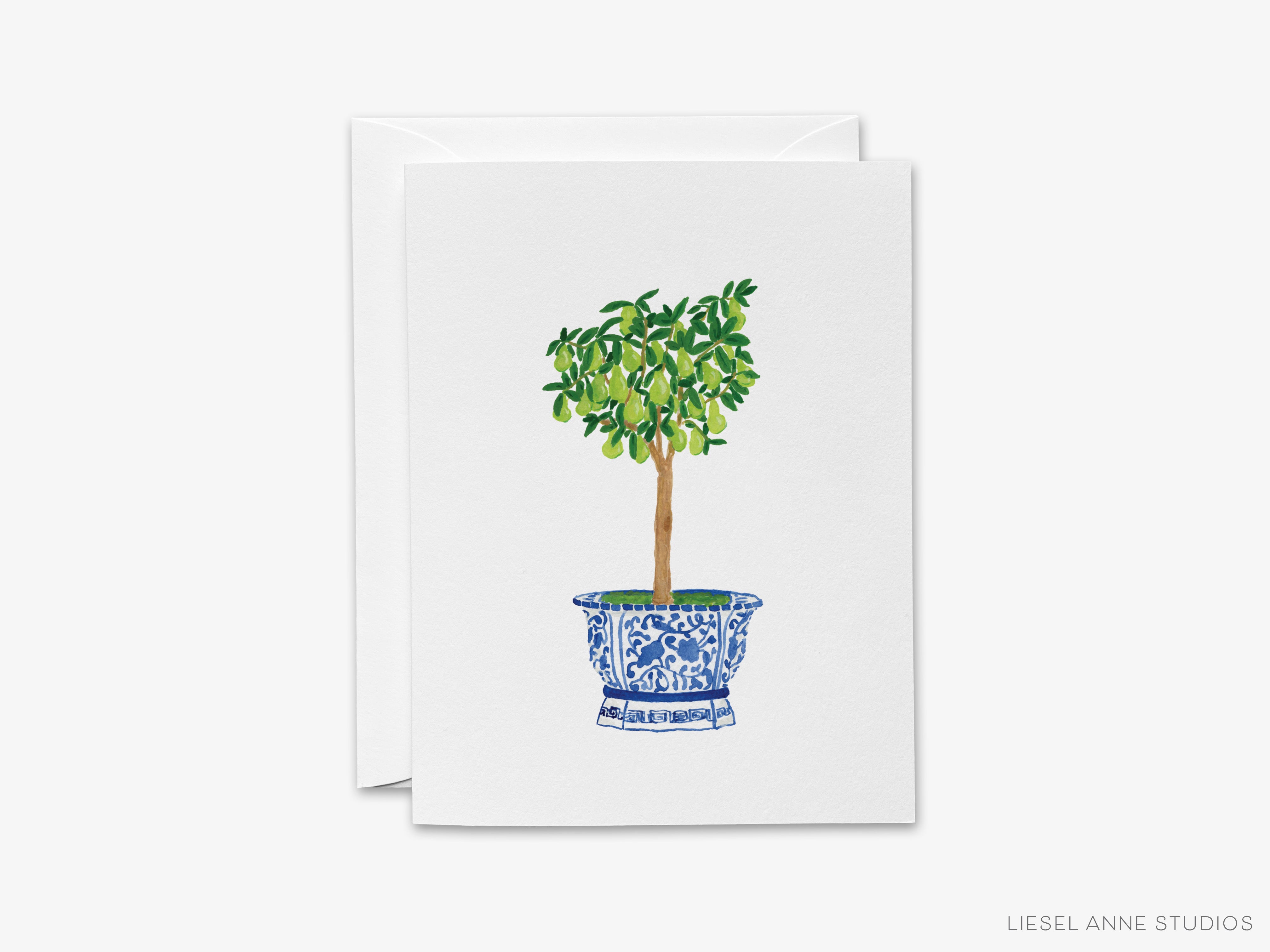 A white card with a blue and white patterned vase holding a small tree with green leaves.