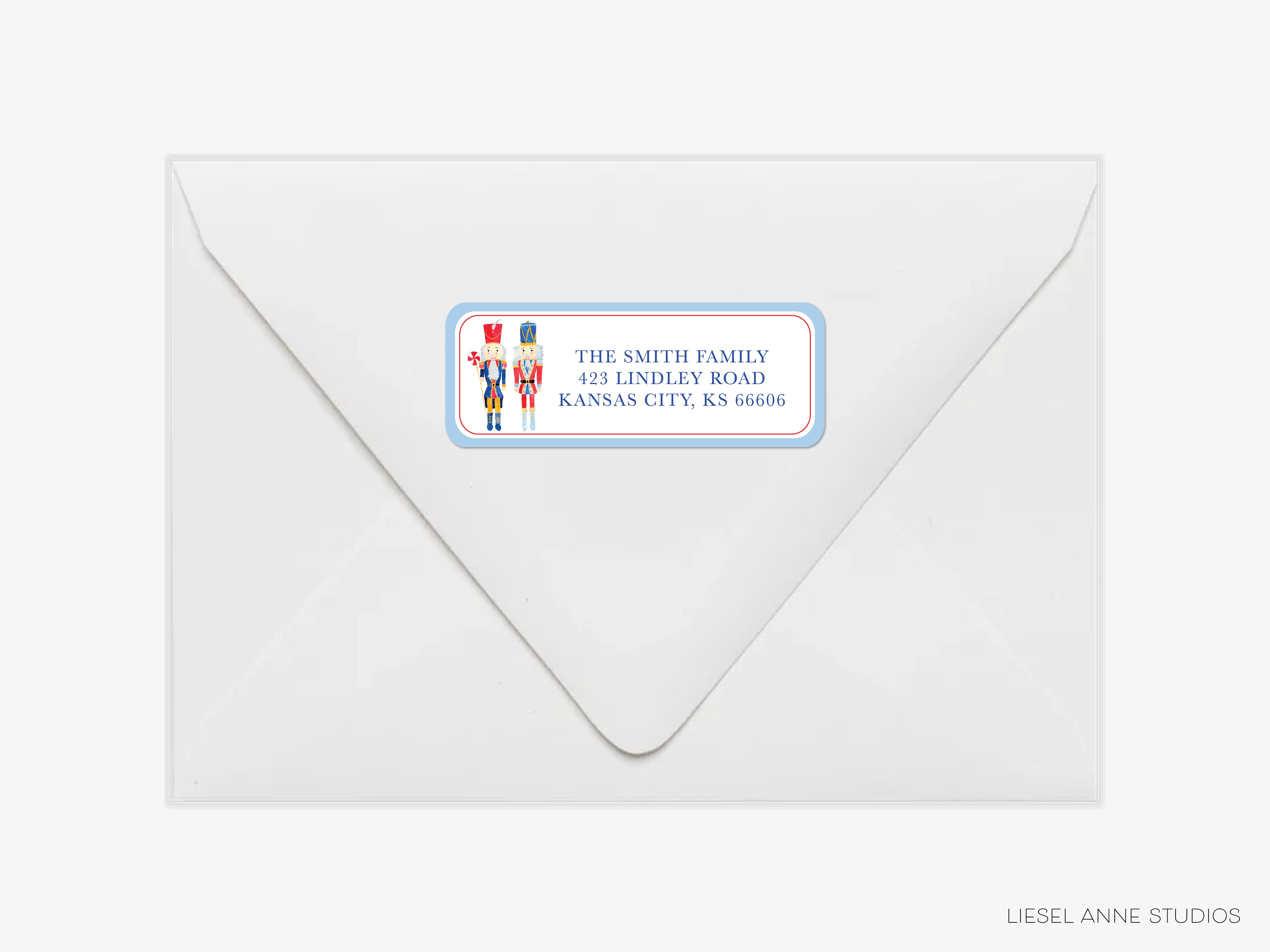 a white envelope with a label on it, which appears to be a personalized or custom-made address label.