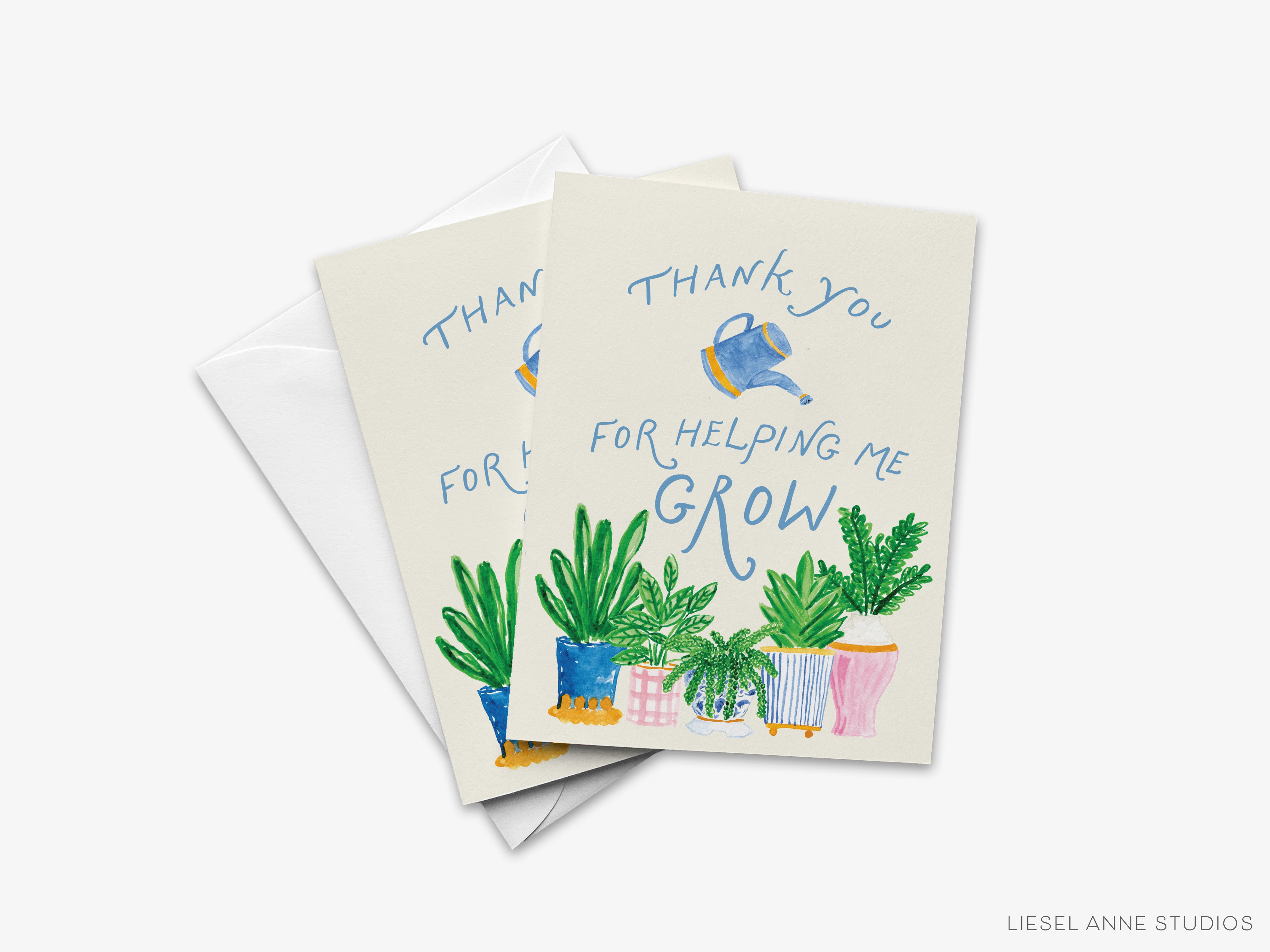 A card with a plant illustration and text that says "Thank you for helping me grow".