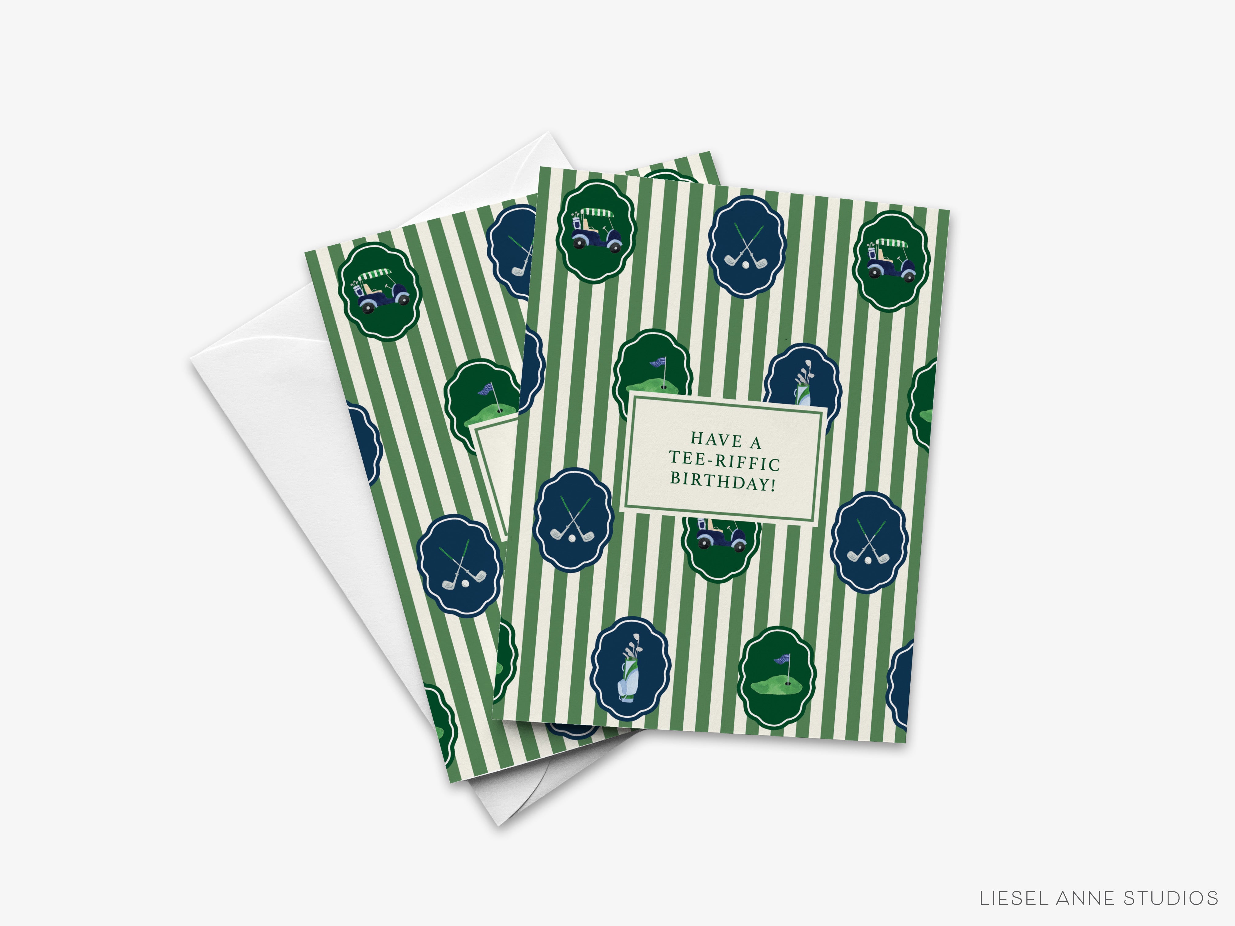 A greeting card with a green and white striped pattern and golf-related icons, along with the text "Have a Tee-Riffic Birthday!"