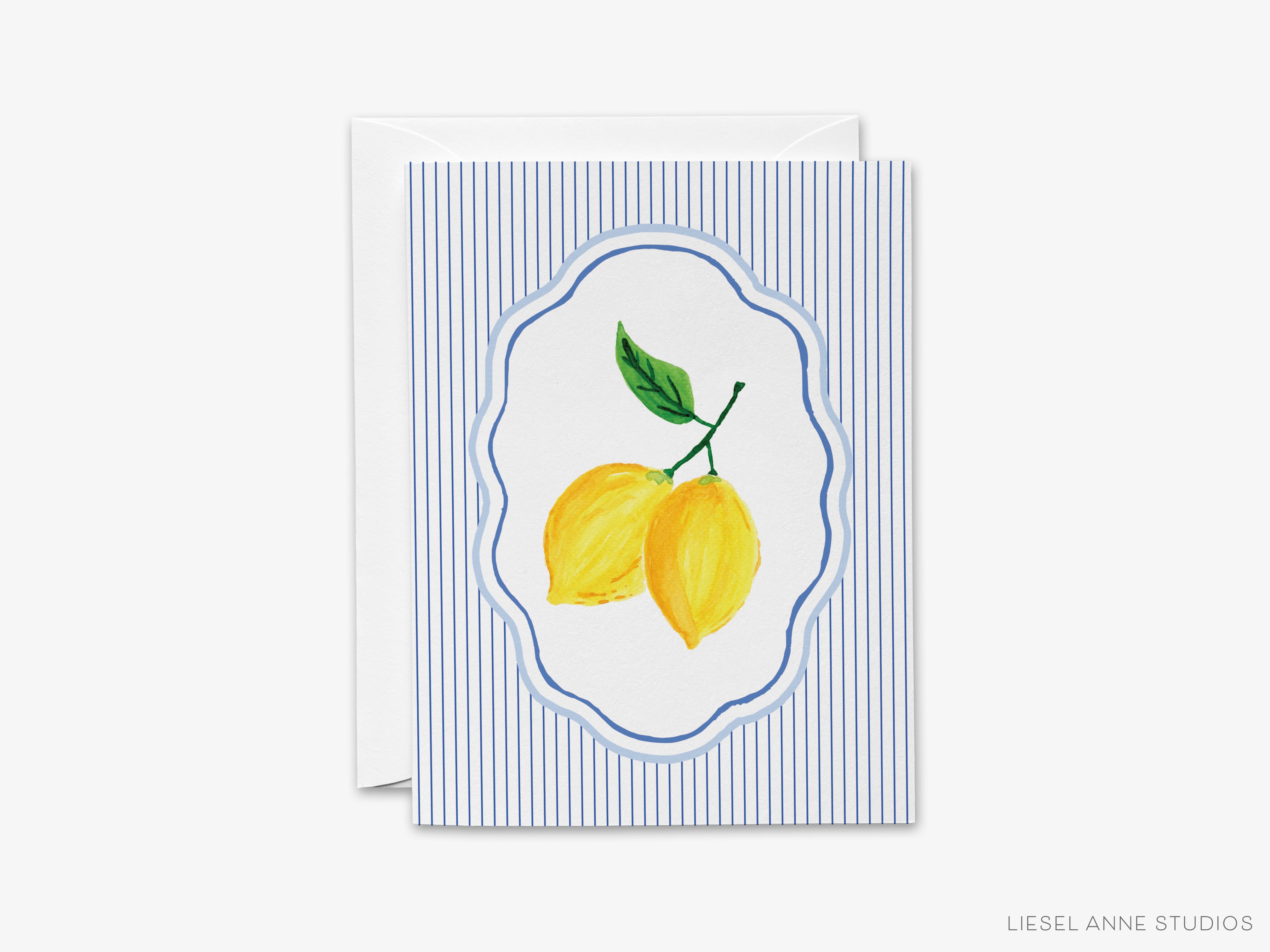 A greeting card with a blue and white striped background and a white border. The card features a painting of two lemons within a blue oval frame.
