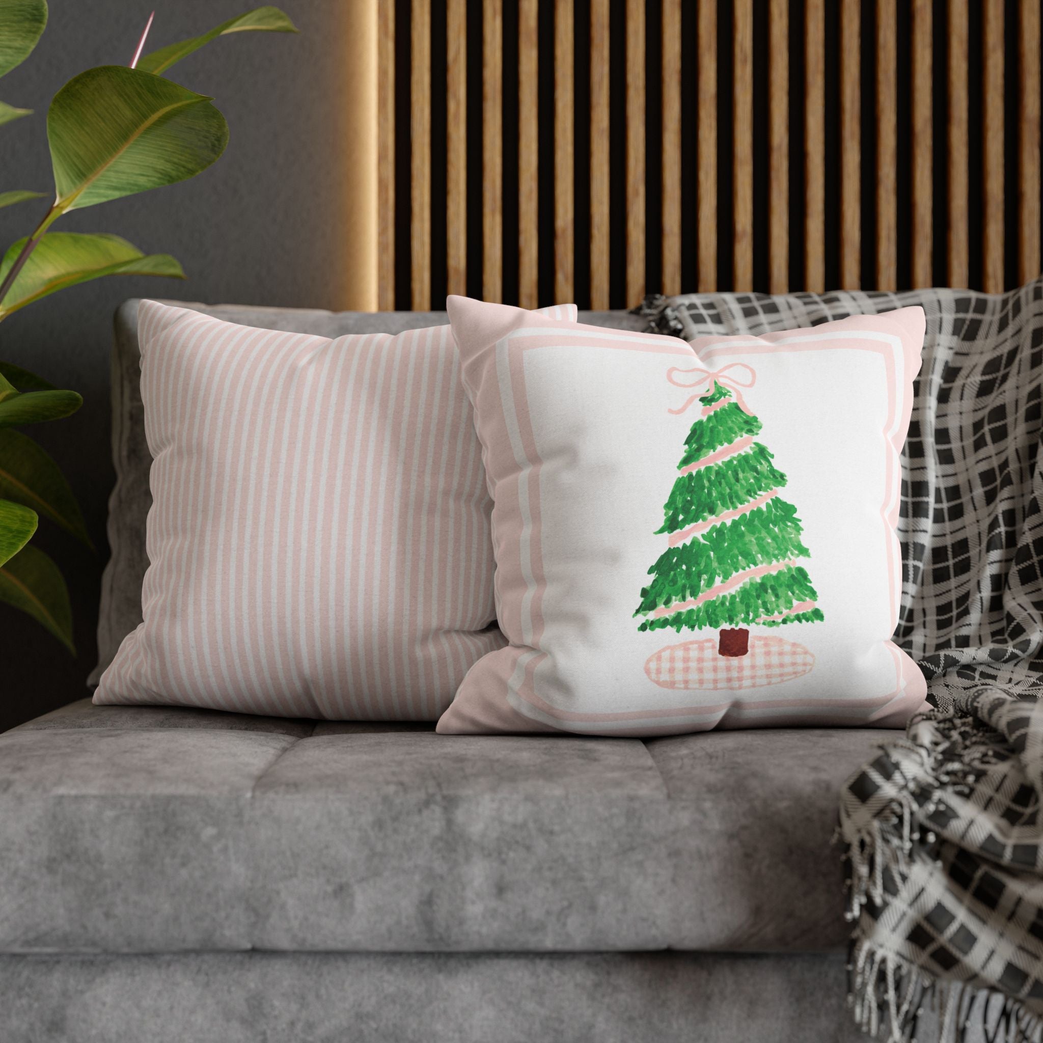 Pink Gingham Christmas Tree Pillow Cover