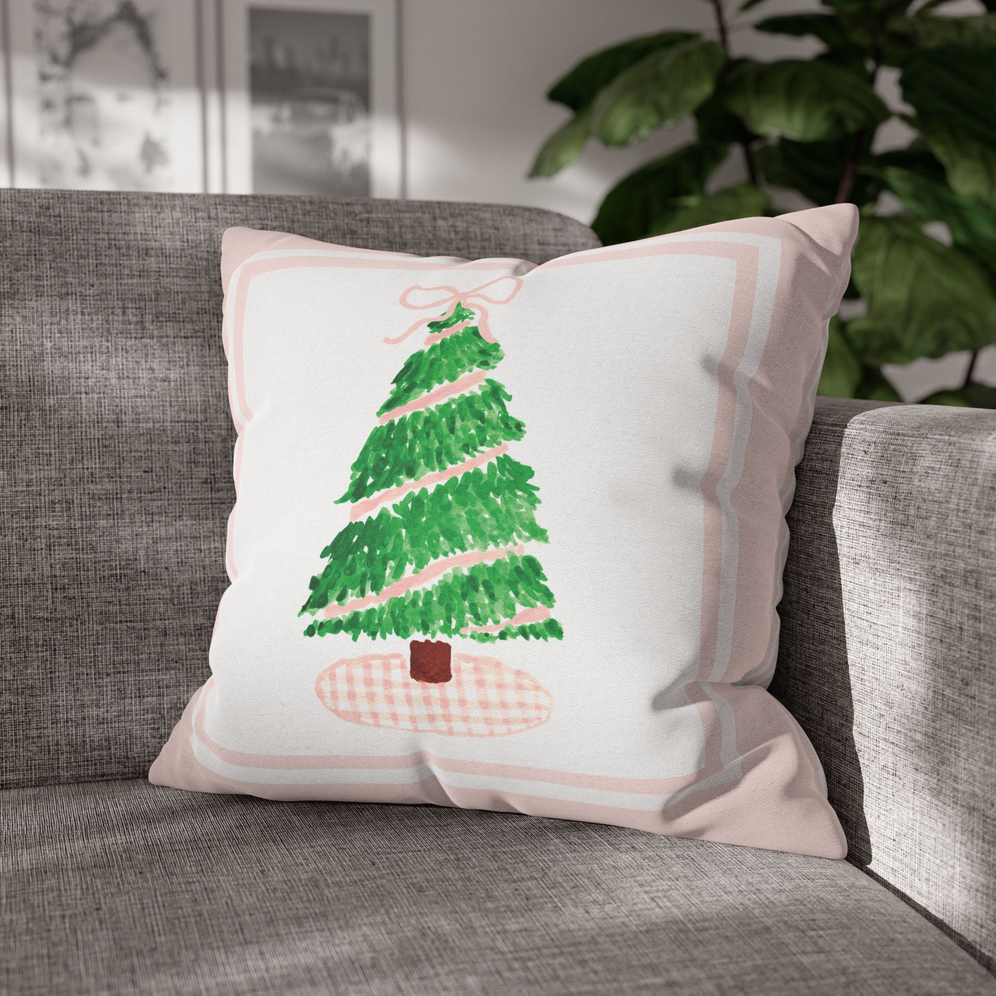 Pink Gingham Christmas Tree Pillow Cover