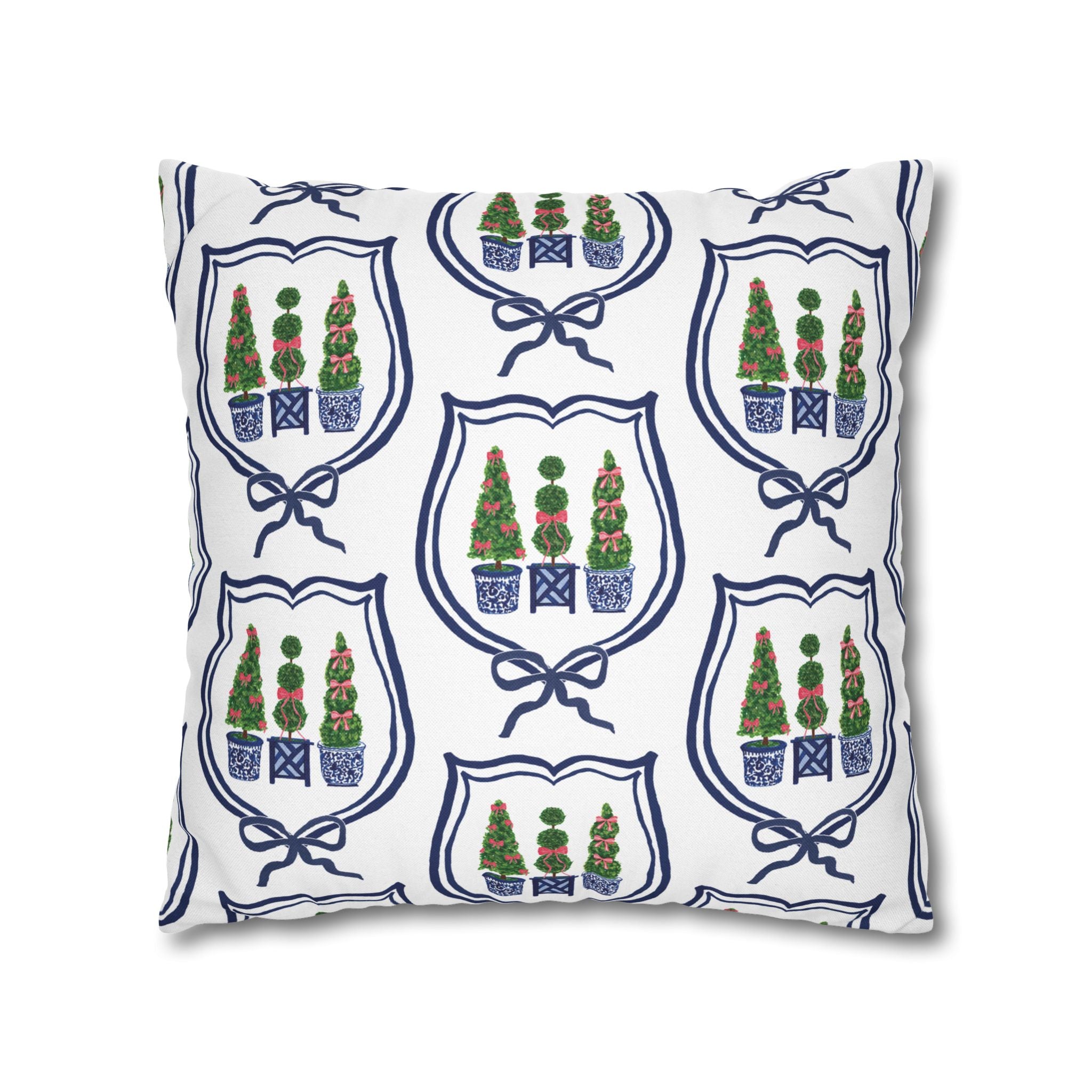 Topiary Trio Christmas Blue and White Pillow Cover
