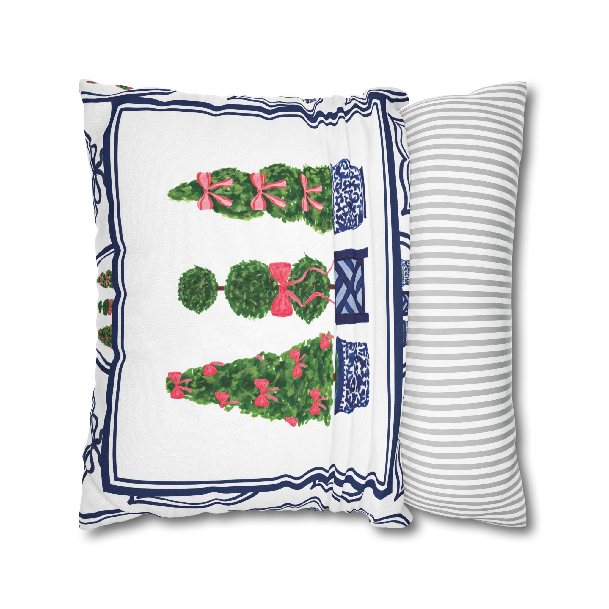 Topiary Trio Christmas Blue and White Pillow Cover