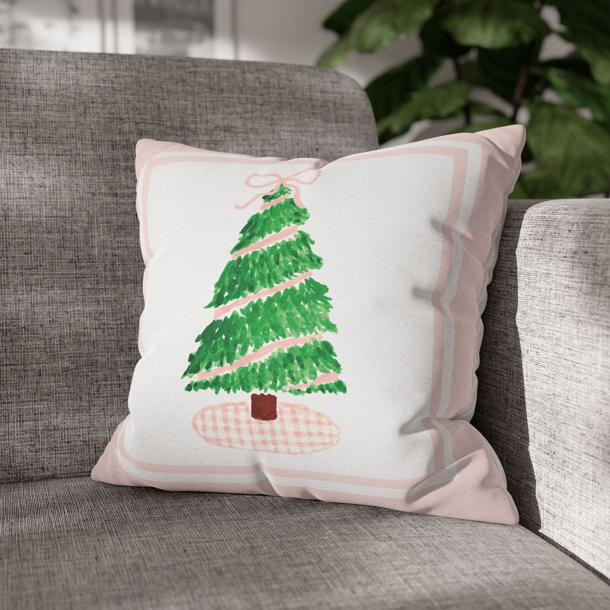 Pink Gingham Christmas Tree Pillow Cover
