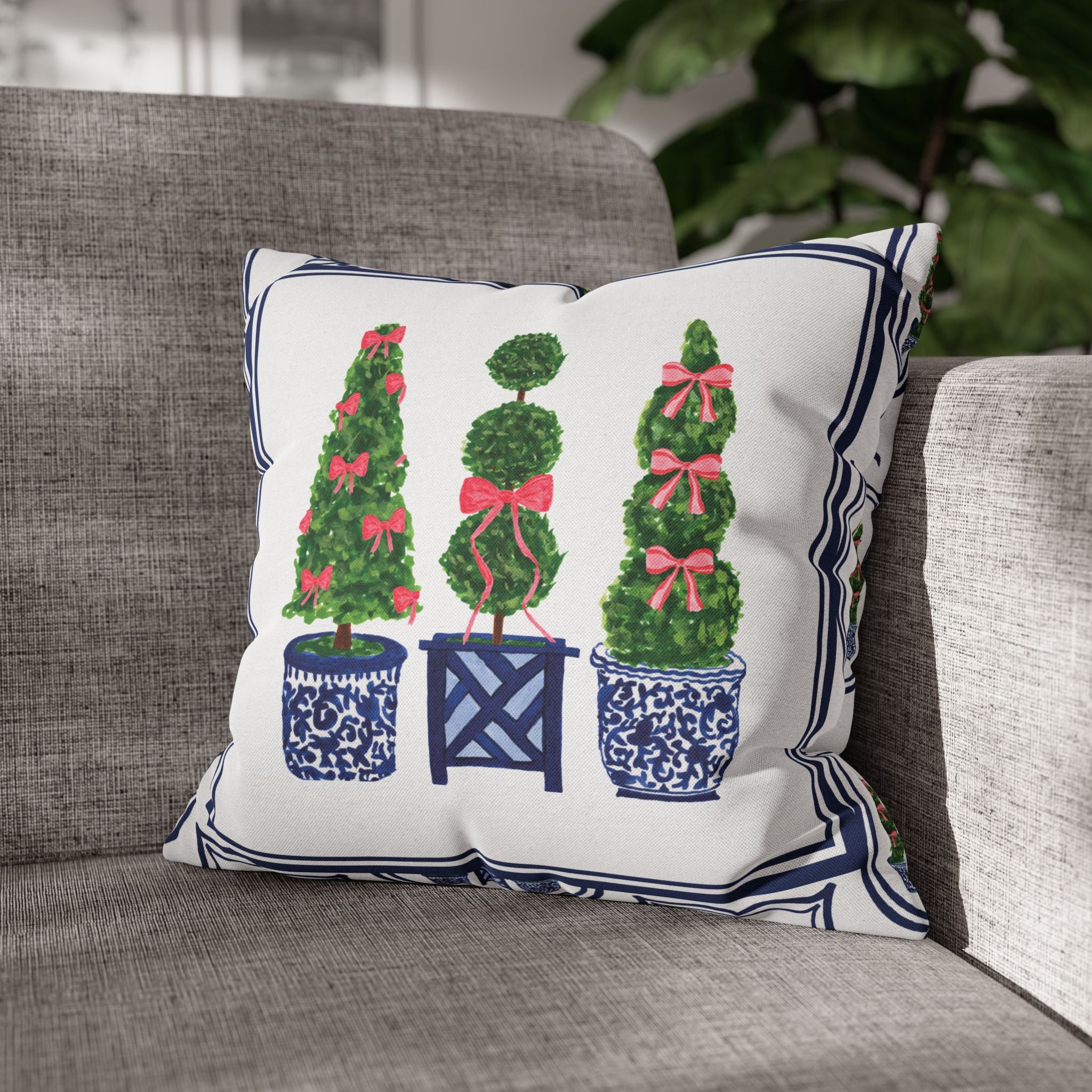 Topiary Trio Christmas Blue and White Pillow Cover