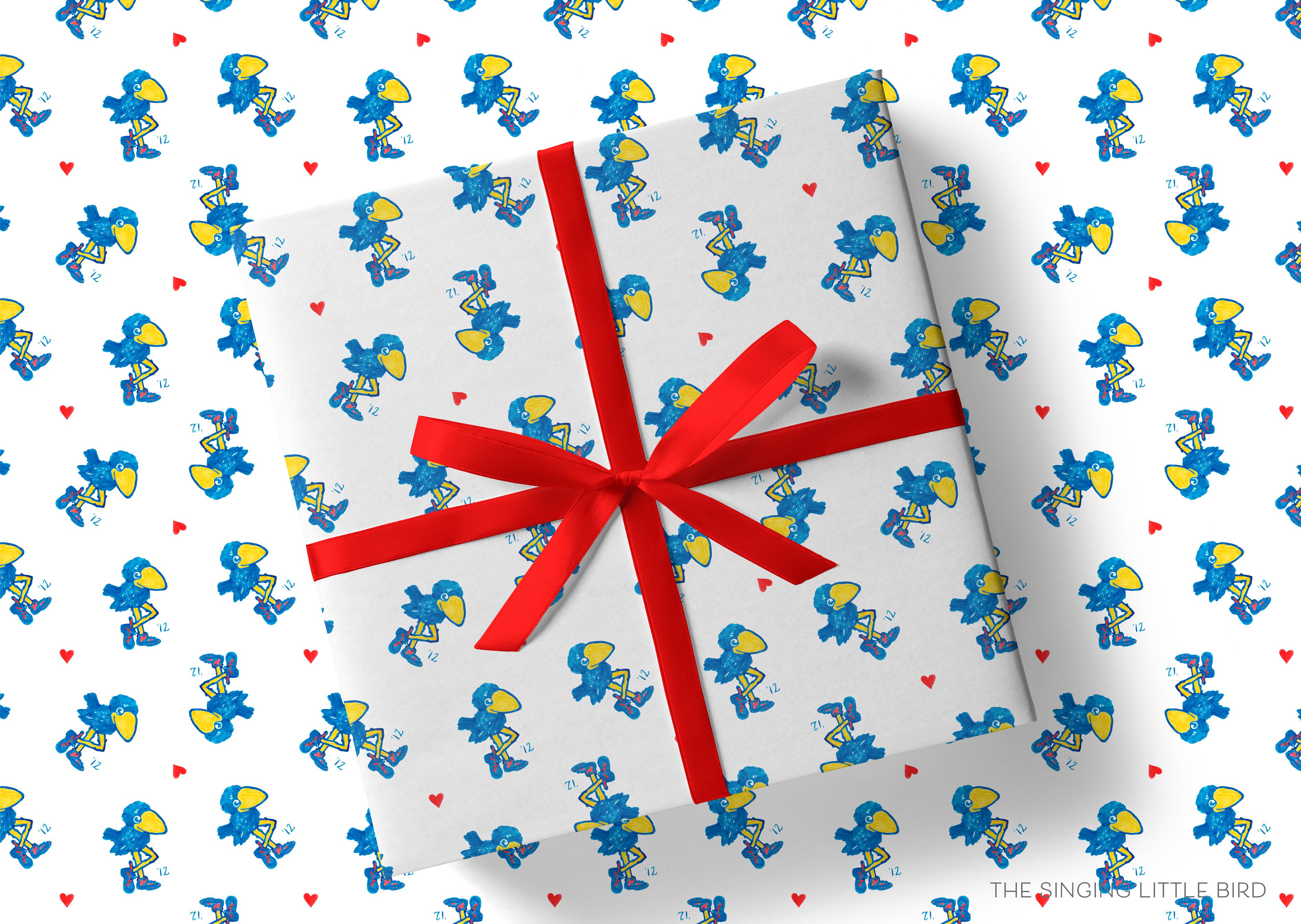 1912 Jayhawk Mini Hearts Gift Wrap - Officially Licensed-This matte finish gift wrap features our hand-painted watercolor Kansas 1912 Jayhawks and hearts. It makes a perfect wrapping paper for any celebration present for a University of Kanas lover. -The Singing Little Bird