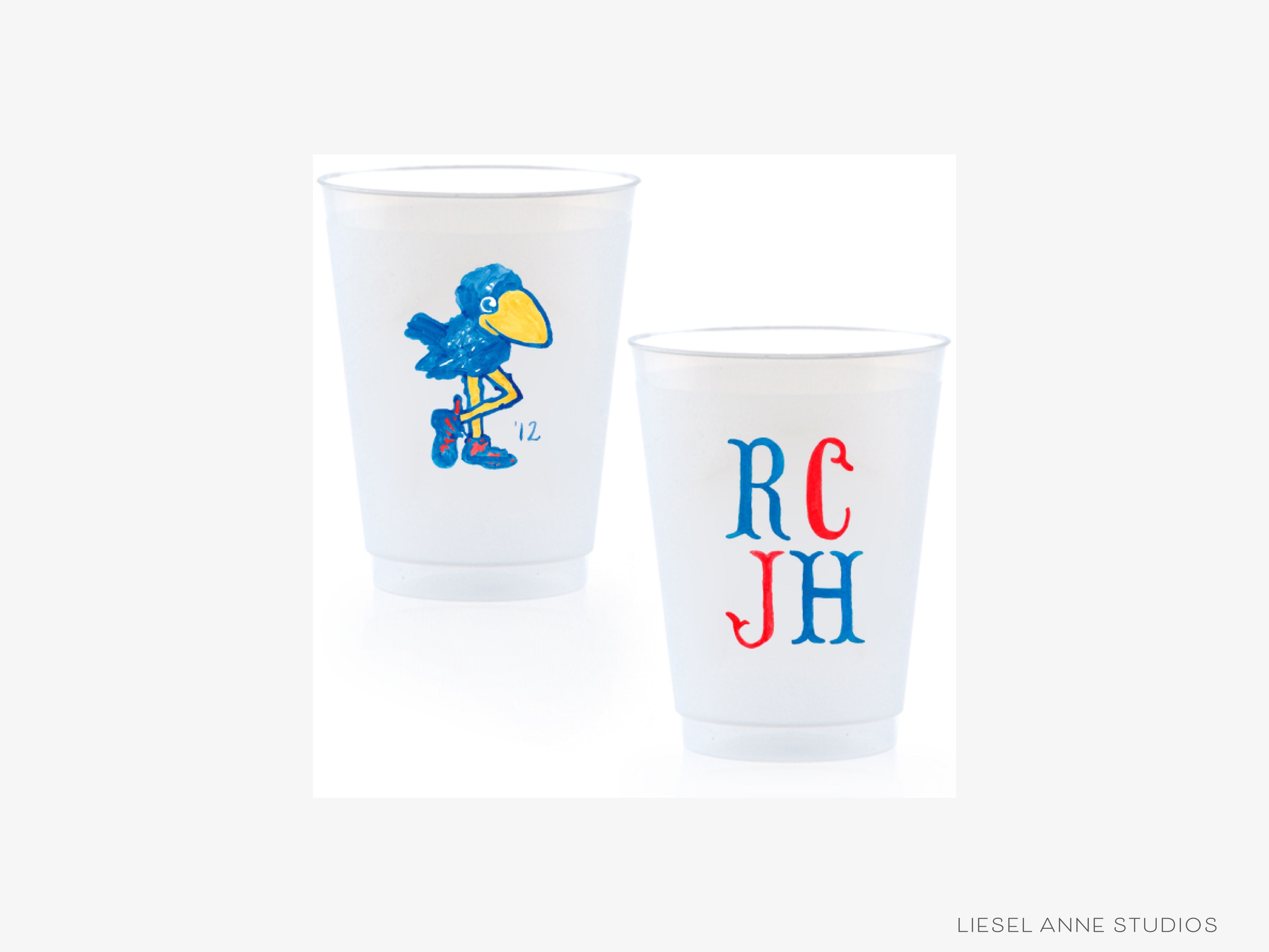 1912 Jayhawk *Officially Licensed* RCJH 16oz Shatterproof Cups (Set of 8)-These officially licensed Kansas Jayhawk shatterproof cups feature our hand-painted 1912 Jayhawk and make great party decorations for watch parties, graduation, game days and more! They come in sets of 8 and are re-usable for other parties to come or make wonderful party favors!-The Singing Little Bird