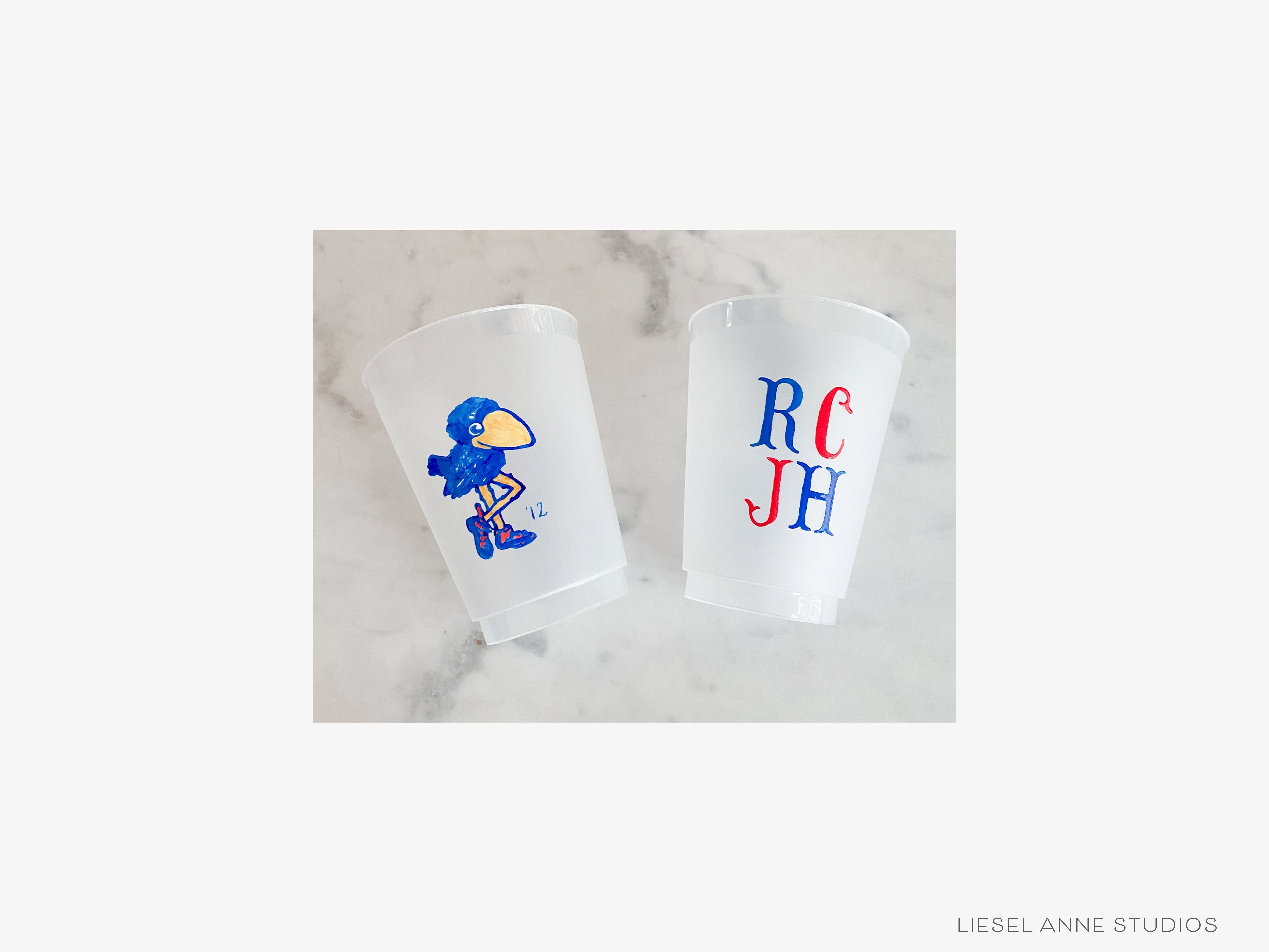 1912 Jayhawk *Officially Licensed* RCJH 16oz Shatterproof Cups (Set of 8)-These officially licensed Kansas Jayhawk shatterproof cups feature our hand-painted 1912 Jayhawk and make great party decorations for watch parties, graduation, game days and more! They come in sets of 8 and are re-usable for other parties to come or make wonderful party favors!-The Singing Little Bird