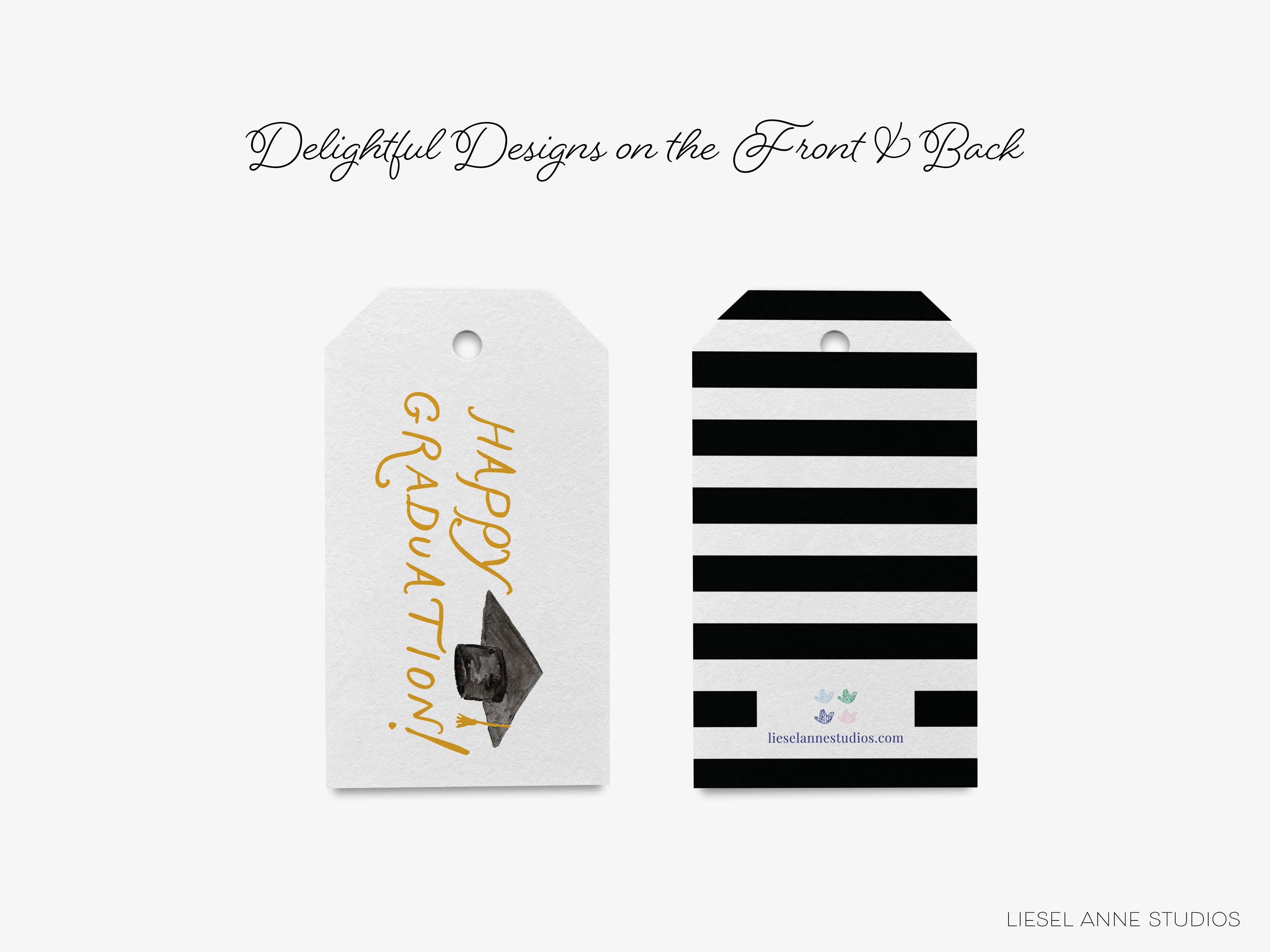 two graduation-themed tags, one with a graduation cap and the other with a black and white striped pattern.