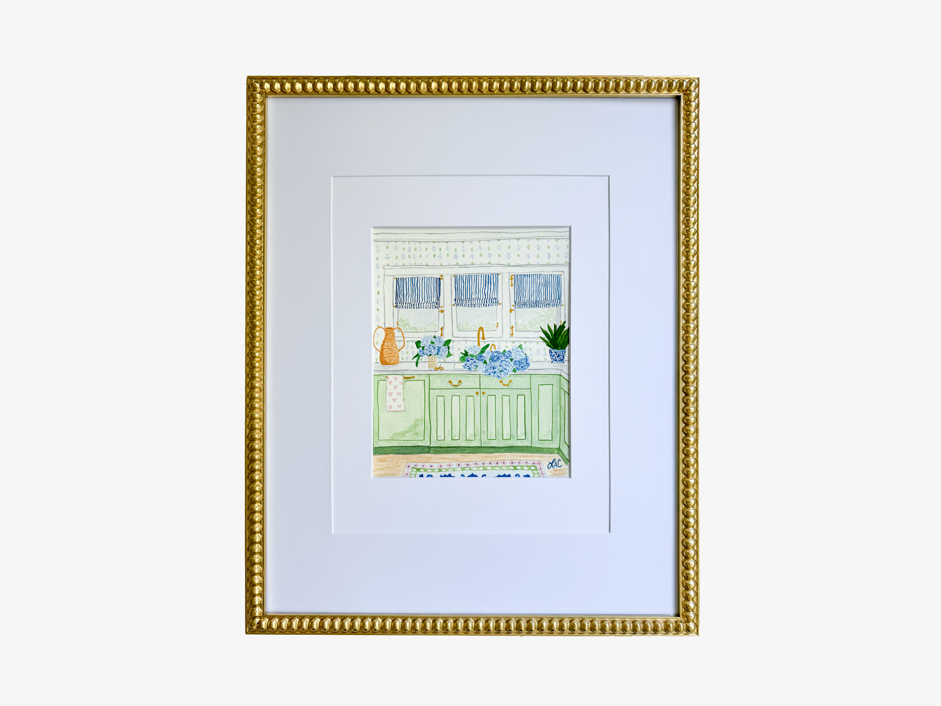 The image is a framed painting depicting a kitchen scene with a sink, cabinets, and various decorative elements such as a vase and potted plants.