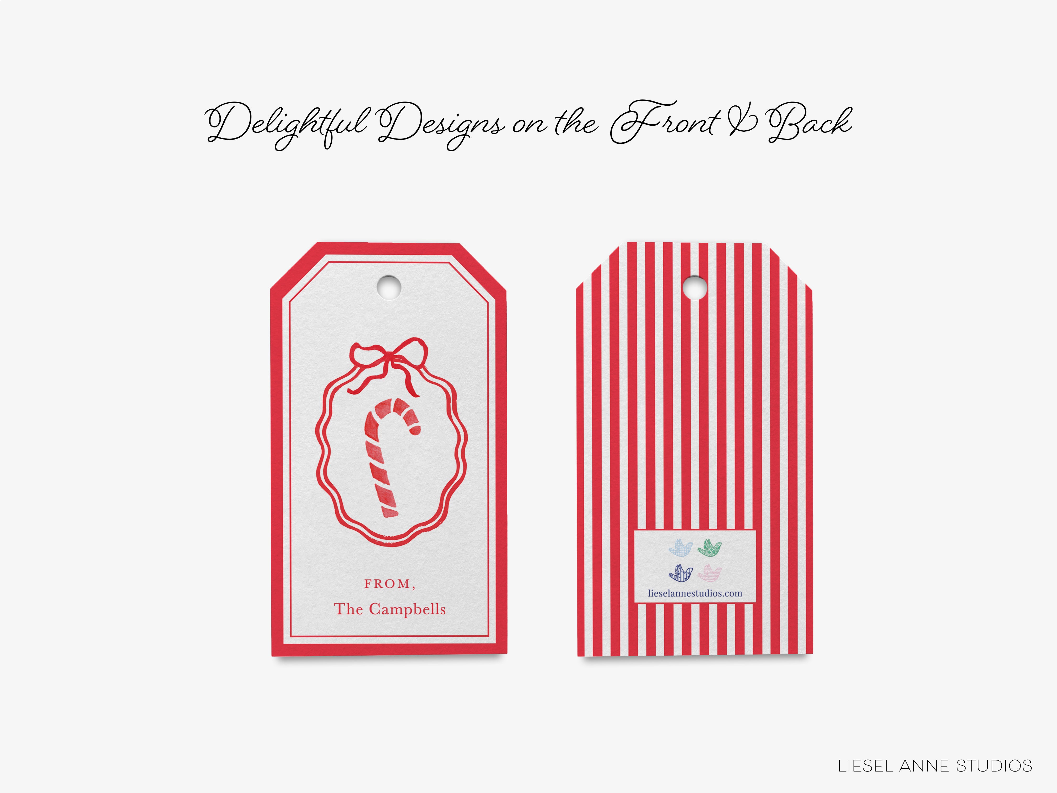 two tags with a red and white striped pattern, one with a candy cane design and the other with a striped pattern.