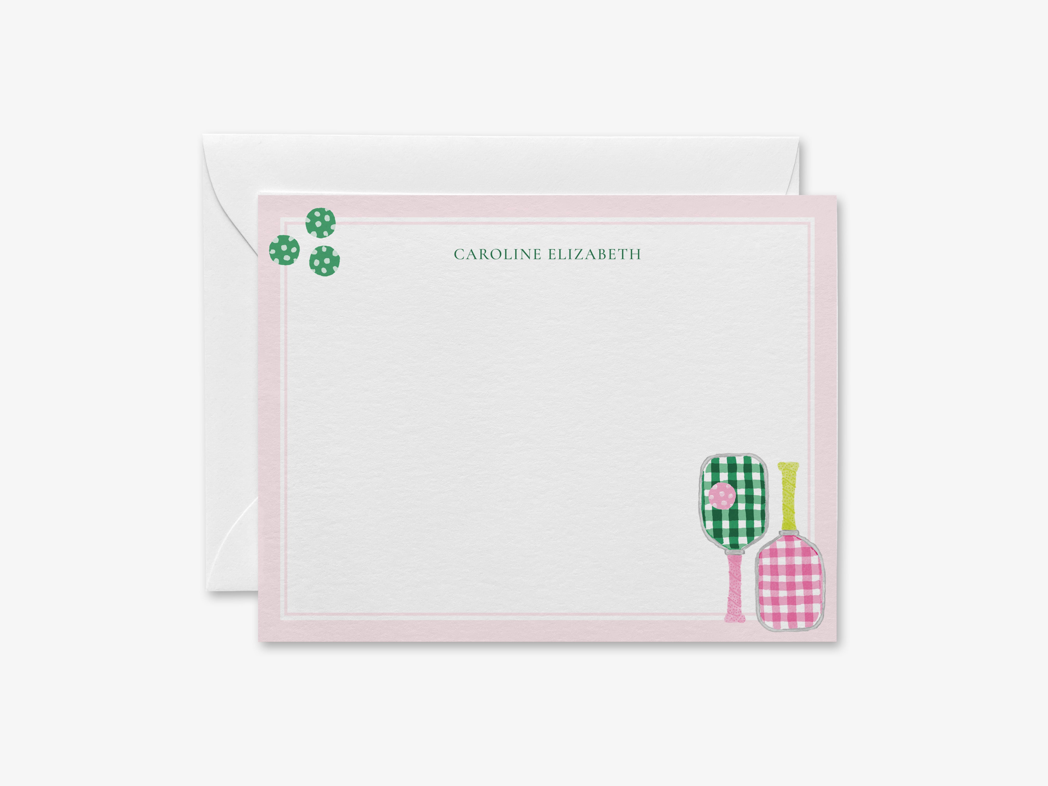 The image is a personalized note card with a pink border and a white background. The card has a blank space for writing and is decorated with illustrations of tennis rackets and a green polka dot design.