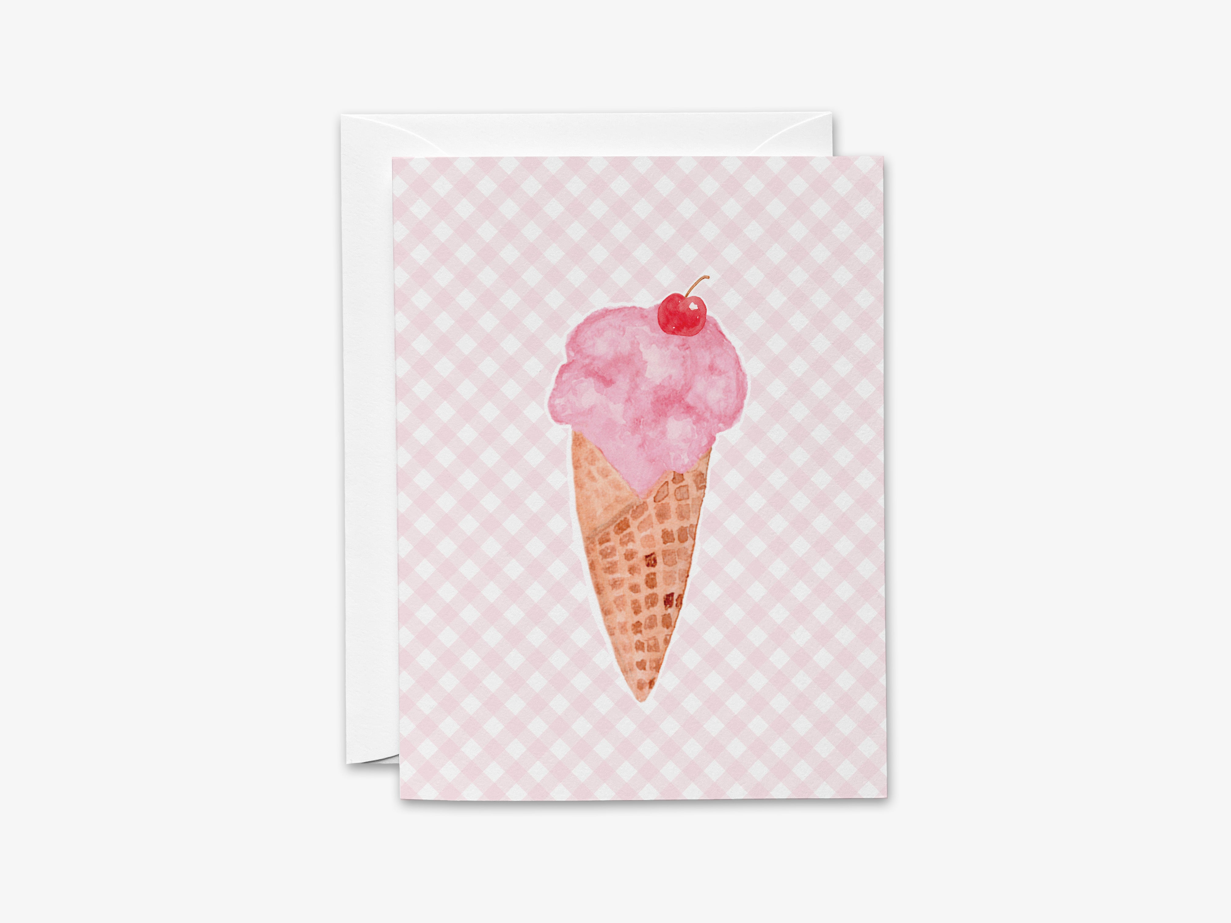 A pink watercolor ice cream cone with a cherry on top, set against a pink and white checkered background.