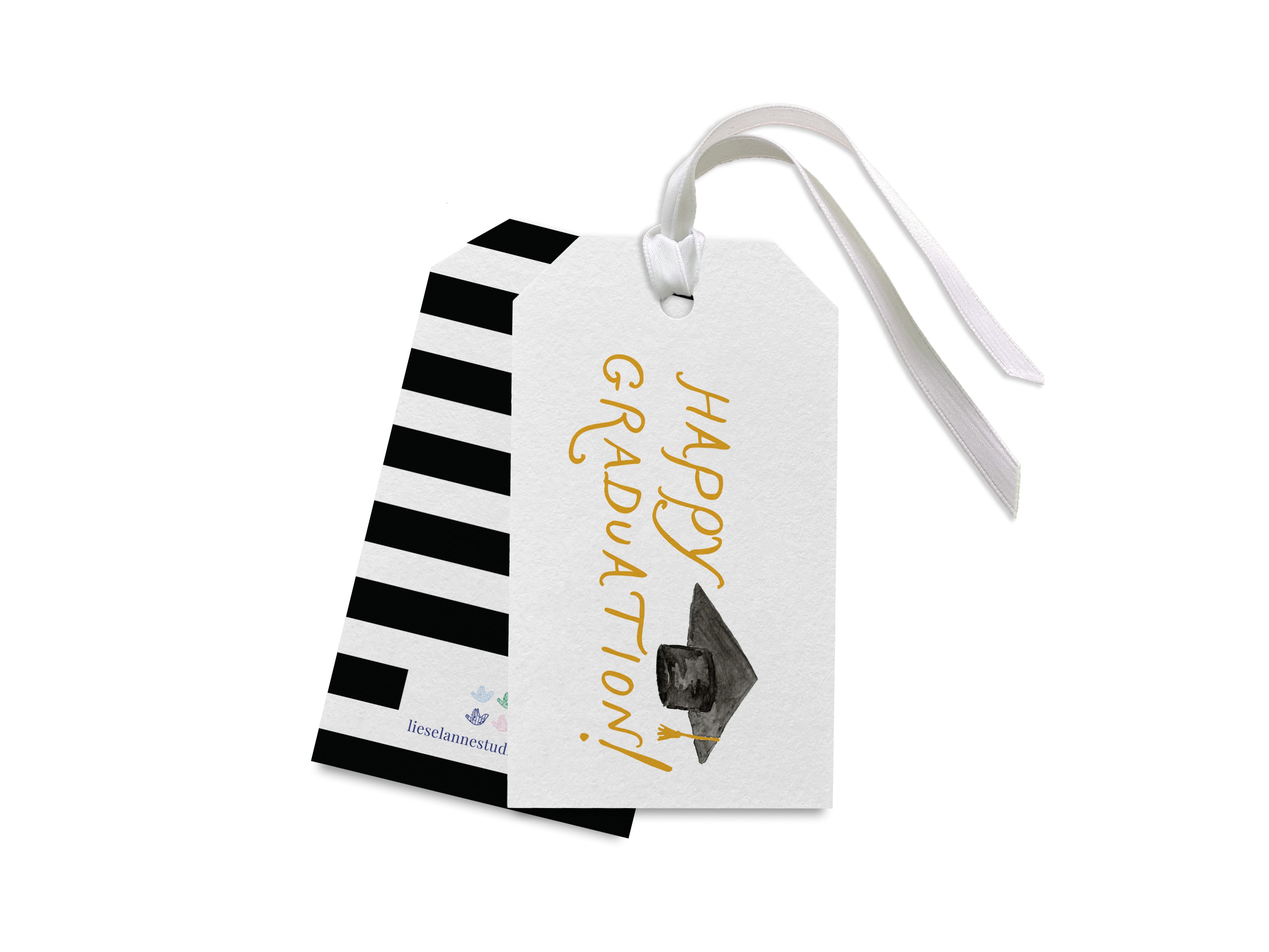 A white graduation tag with black and white stripes and a graduation cap printed on it.