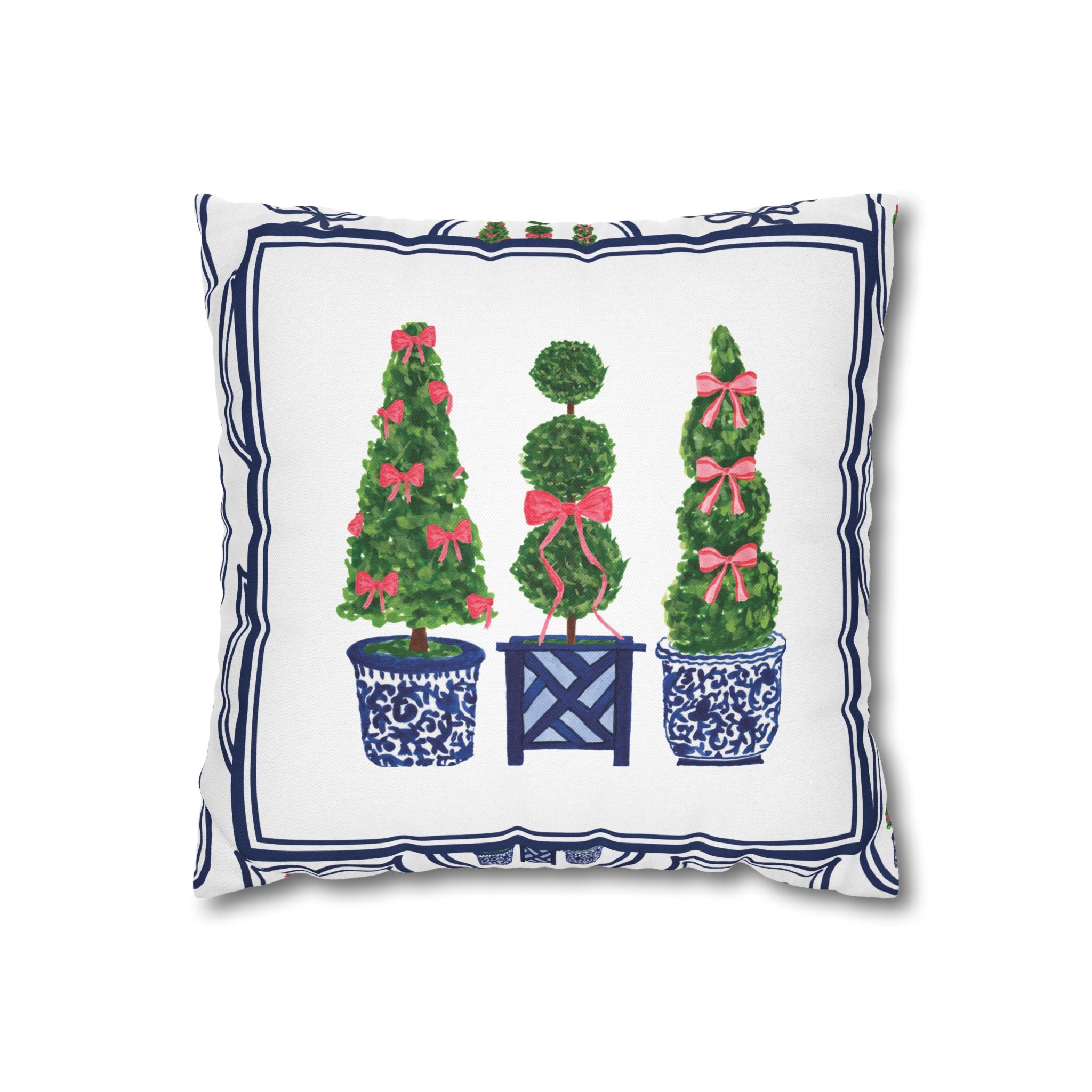 Topiary Trio Christmas Blue and White Pillow Cover