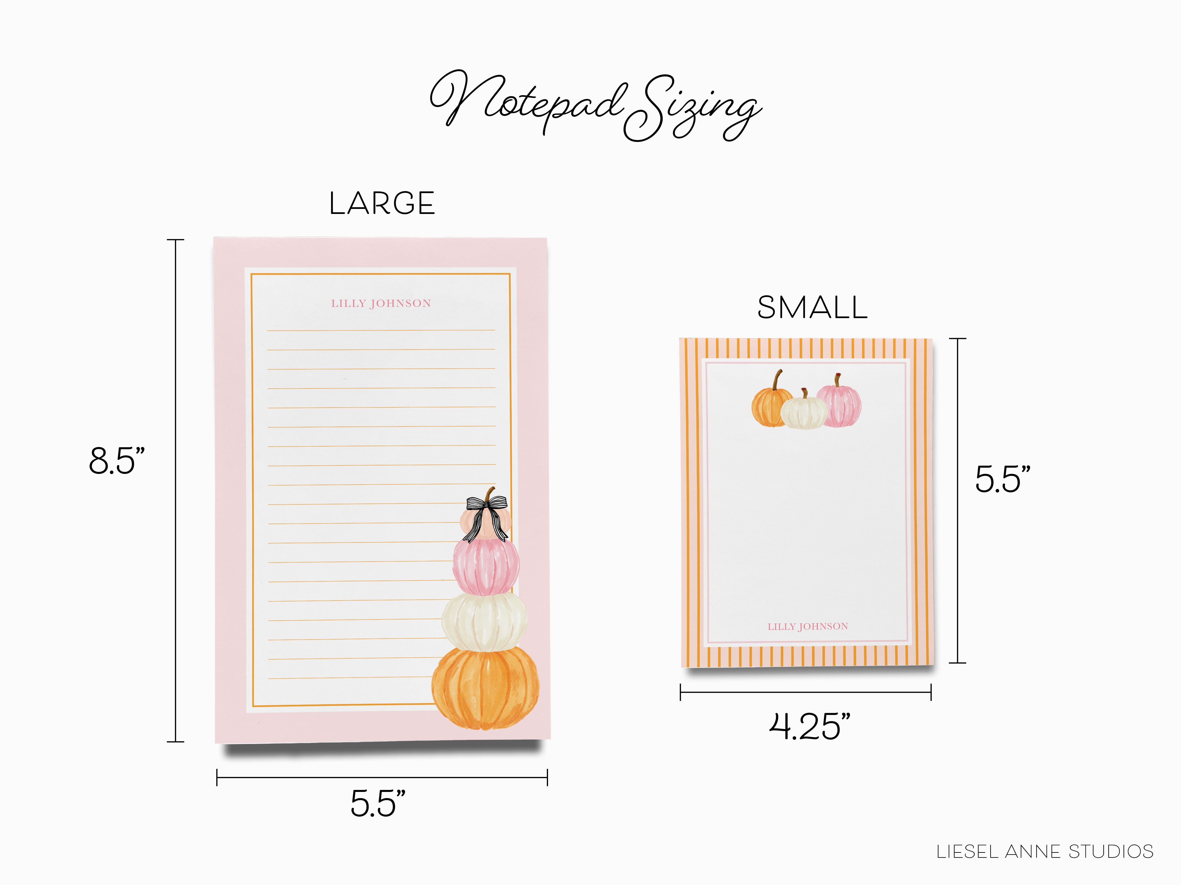 two different sizes of pink notepad pads with a pumpkin design. The larger pad is labeled as a "LARGE" size, while the smaller pad is labeled as a "SMALL" size. The image also includes measurements for each pad, indicating their respective widths.