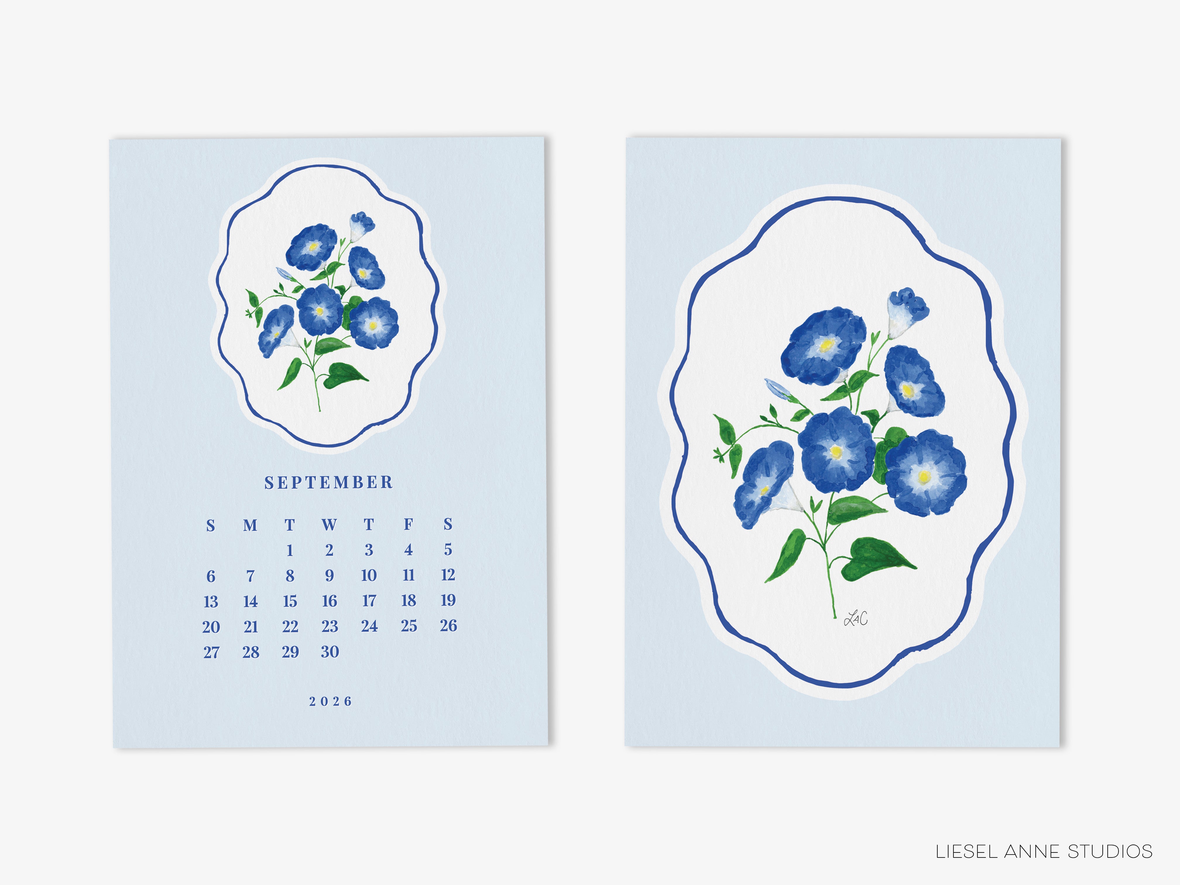 The image is a calendar featuring a blue and white floral design, with the word "SEPTEMBER" prominently displayed. The calendar is divided into two pages, with the left page showing the calendar layout and the right page displaying the floral design.