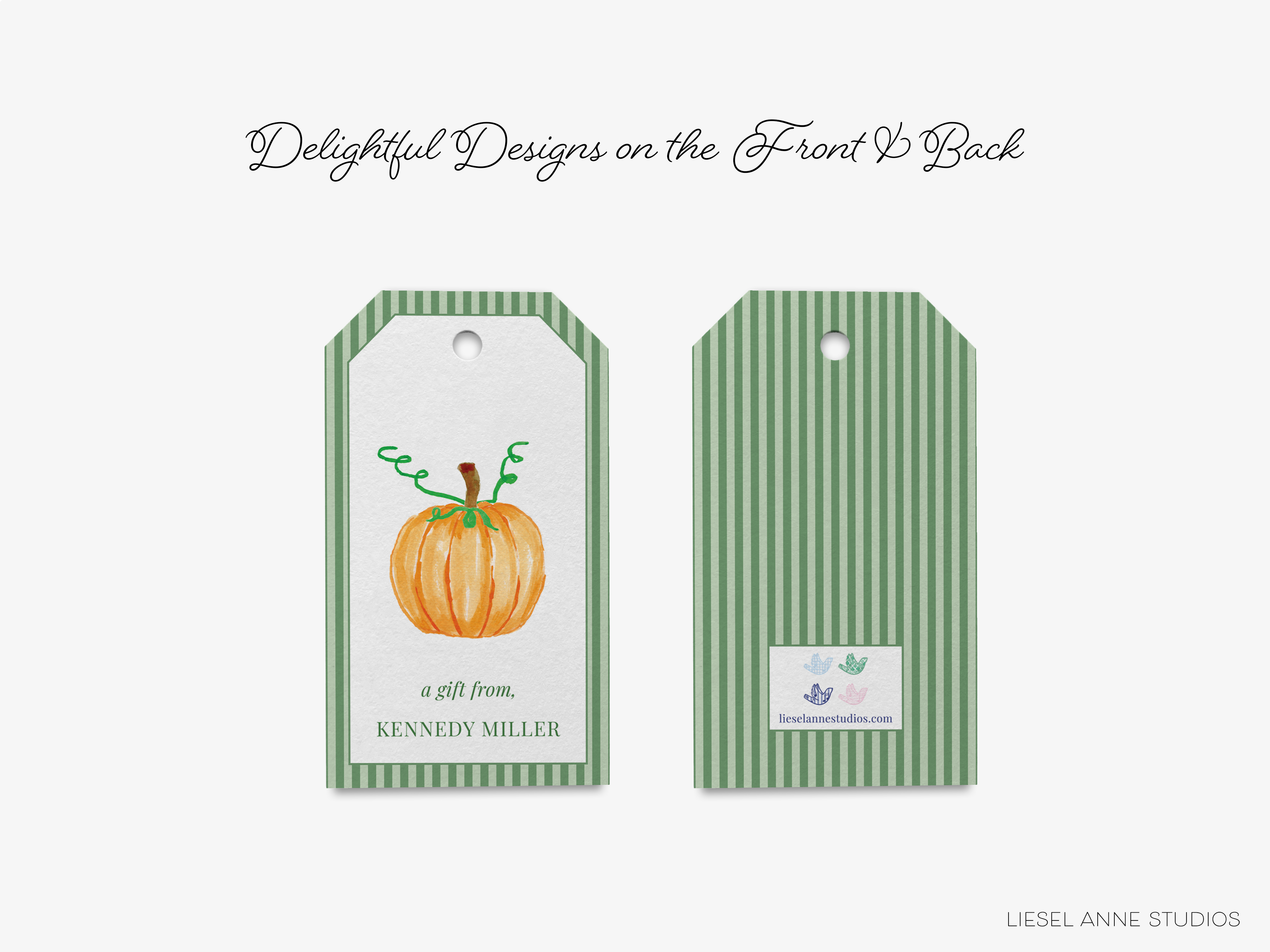 two green and white striped gift tags with a pumpkin illustration on them. The text on the tags reads "a gift from KENNY MILLER" and "Delightful Designs on the Front V Back".