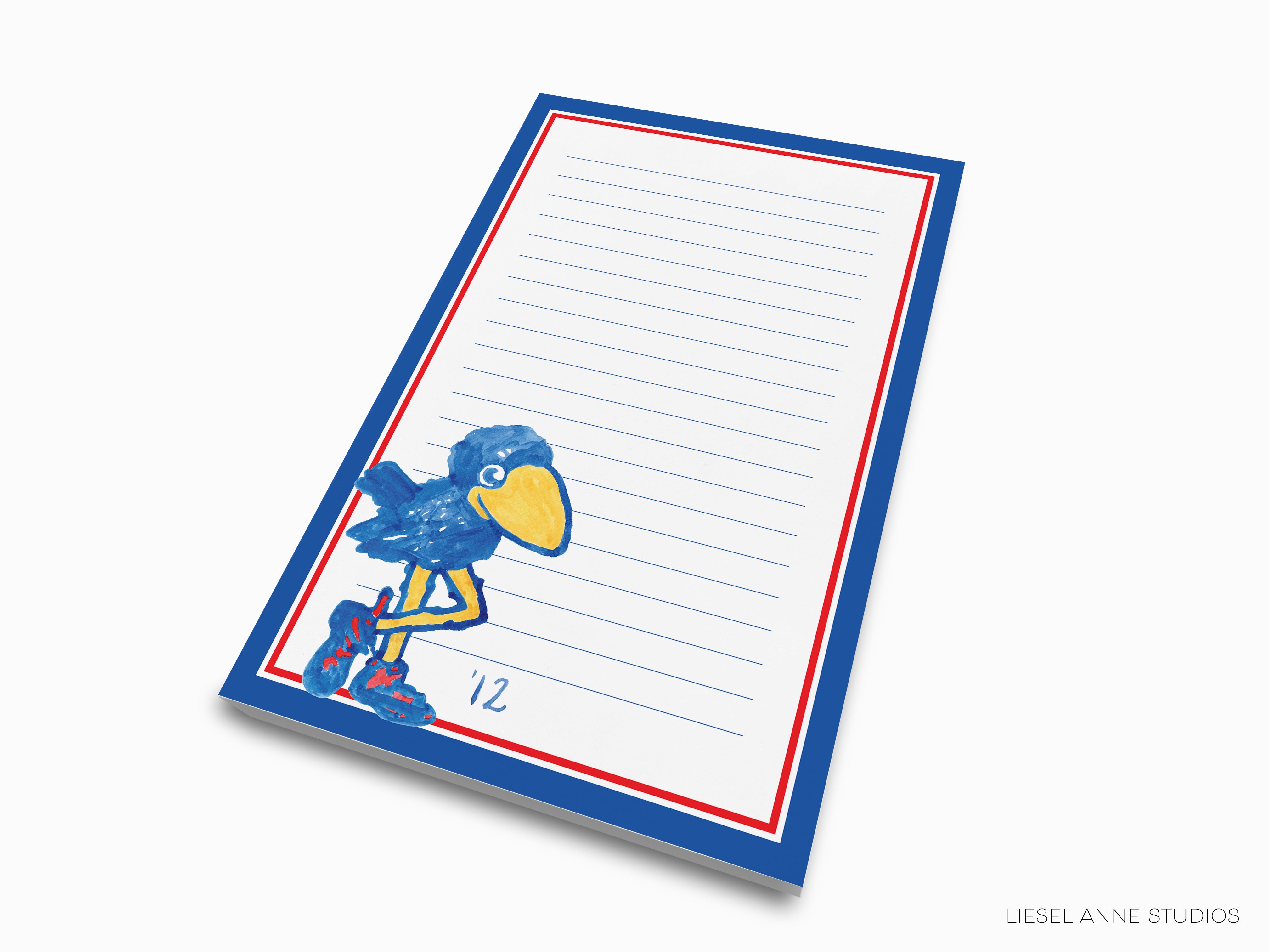 a blue bird with a yellow beak, standing on a lined paper pad with a red border.