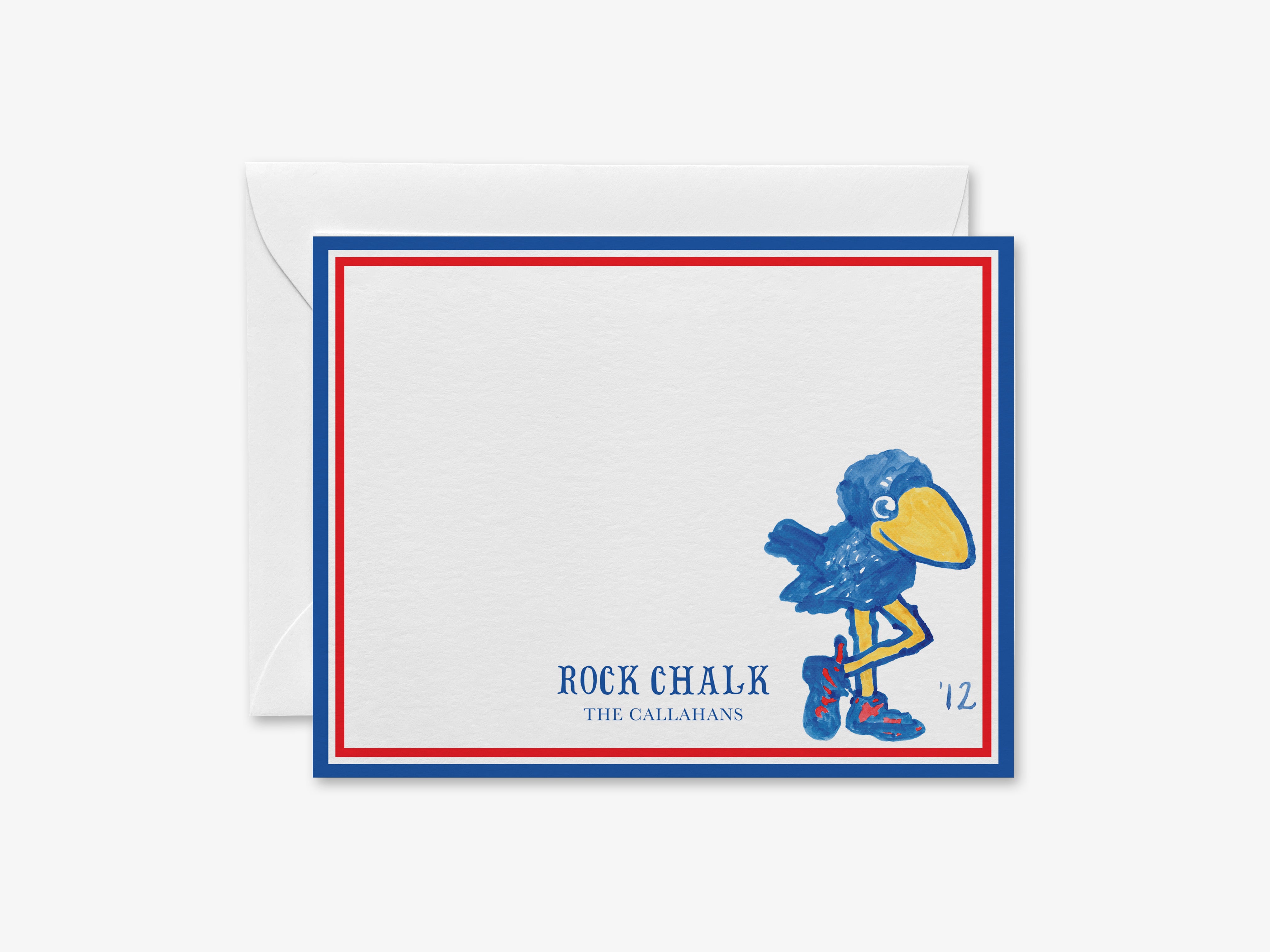 The image is a greeting card featuring a blue bird character with a yellow beak and feet, standing on one leg within a red and blue border.
