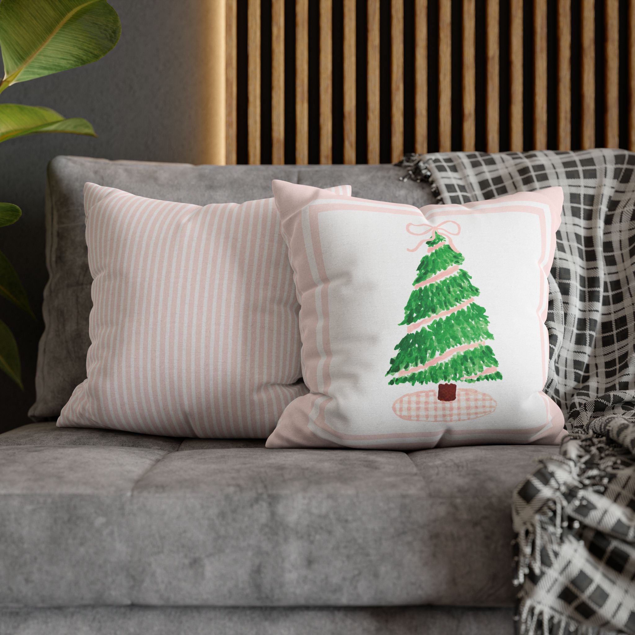 Pink Gingham Christmas Tree Pillow Cover