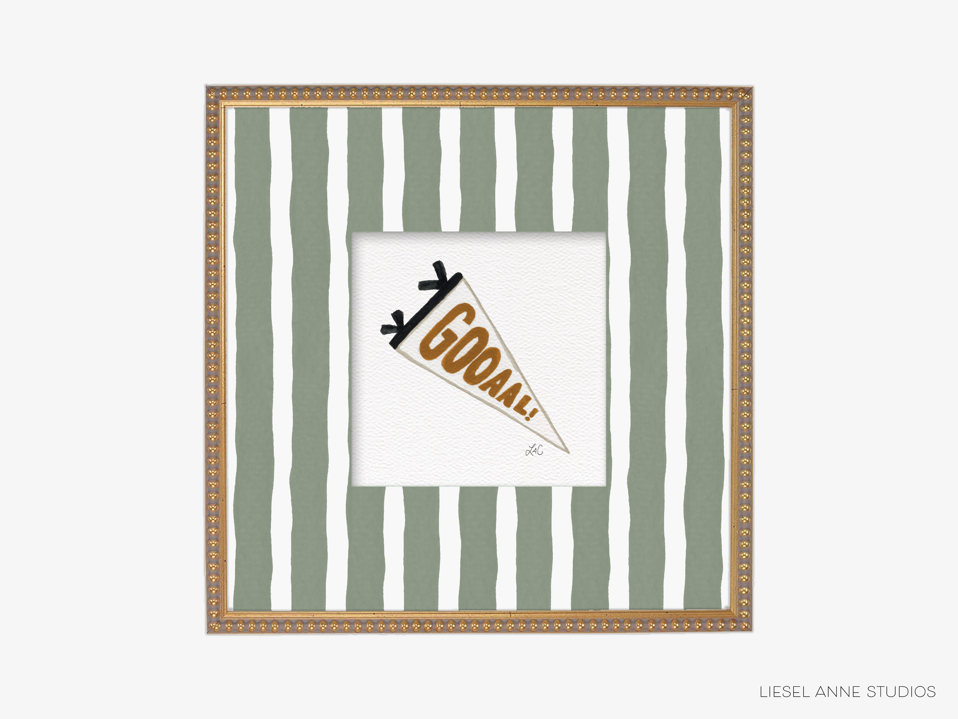 A framed image with a green and white striped background and a pendant with the word "GOAL!" written on it.