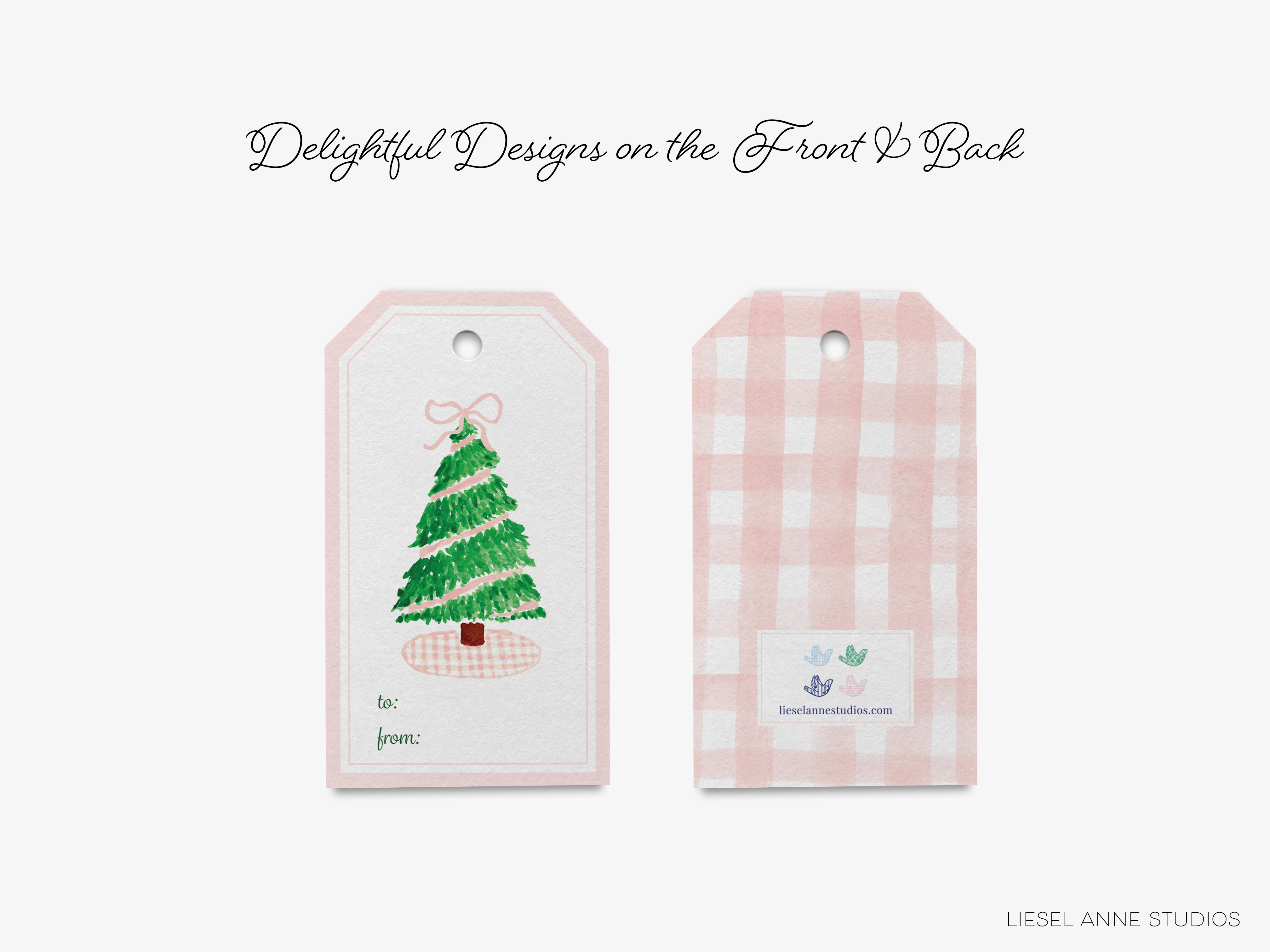 two tags with Christmas tree designs, one with a pink background and the other with a pink and white checkered background.