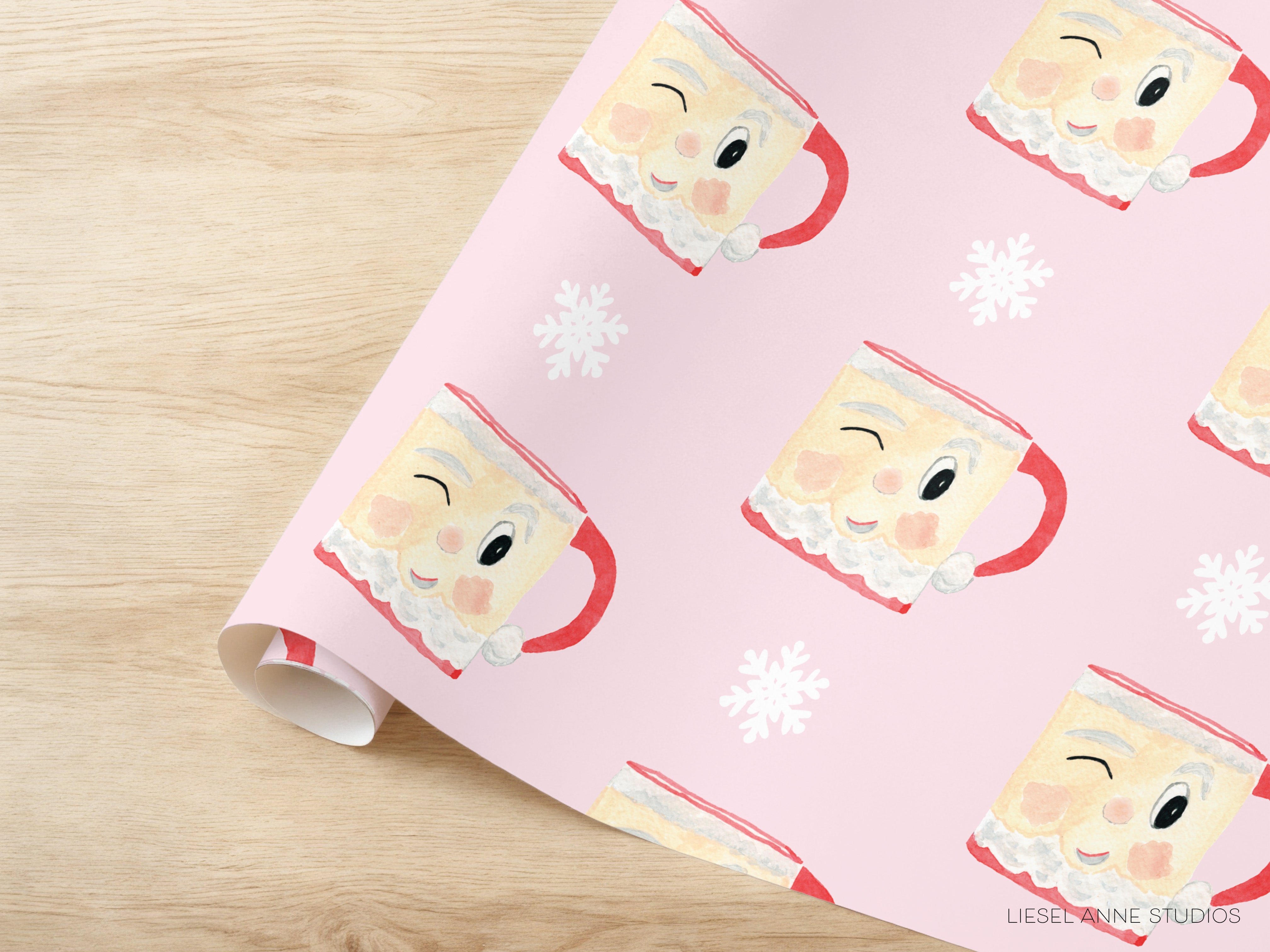 a pink background with a repeating pattern of cartoon-style mugs with smiling faces and red handles, along with small white snowflakes scattered throughout the background.