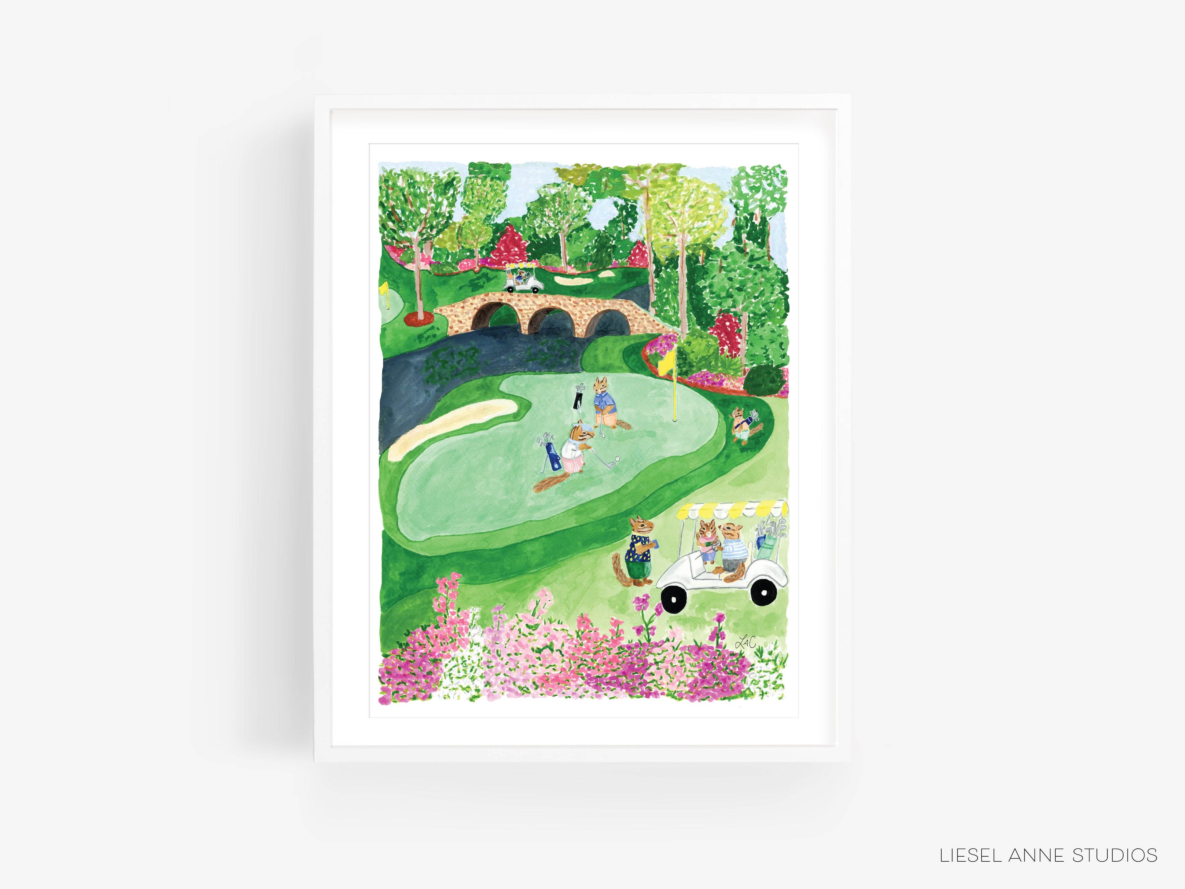 a painting of a golf course with a bridge in the background