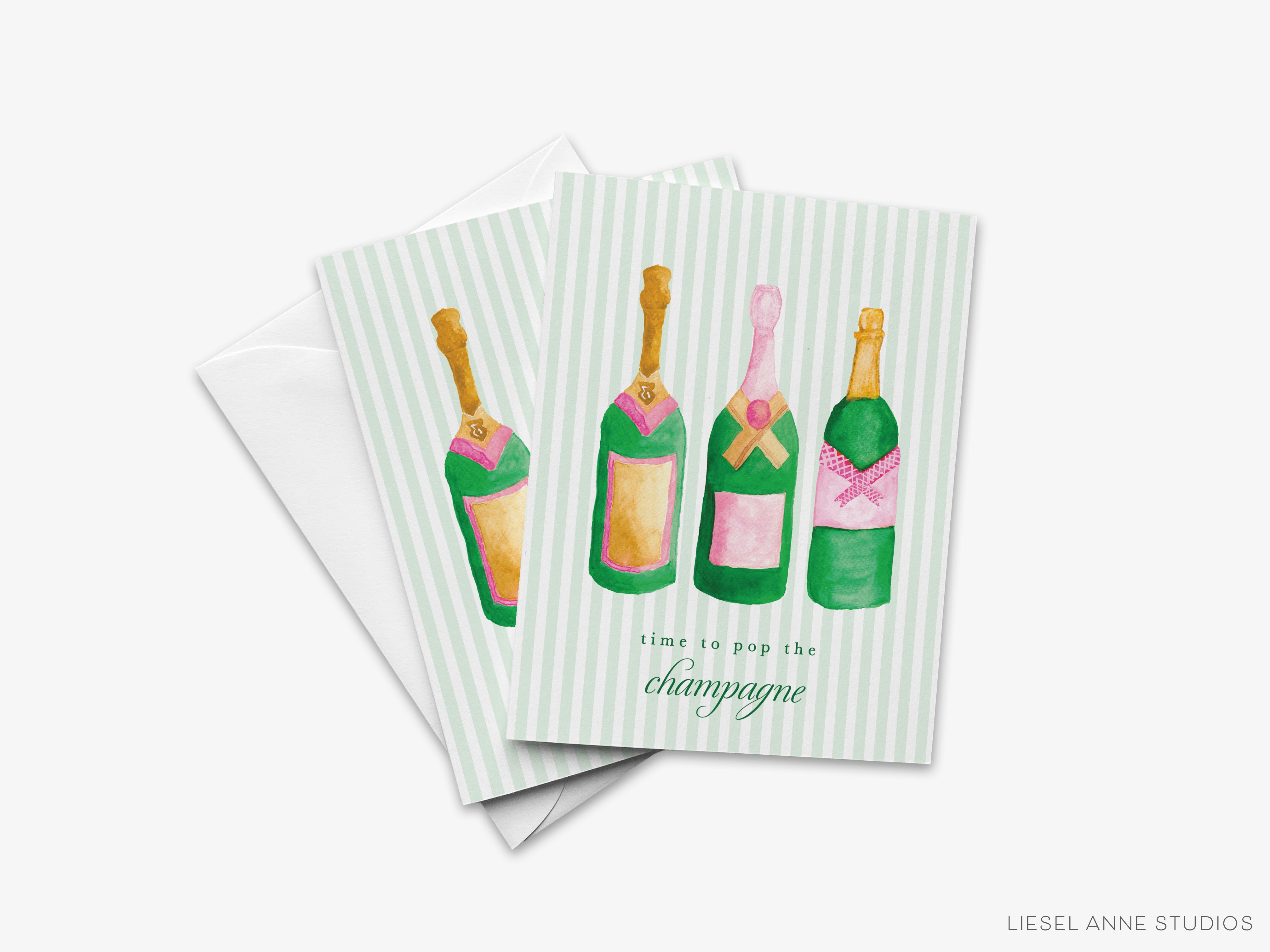 three greeting cards with champagne bottles on them
