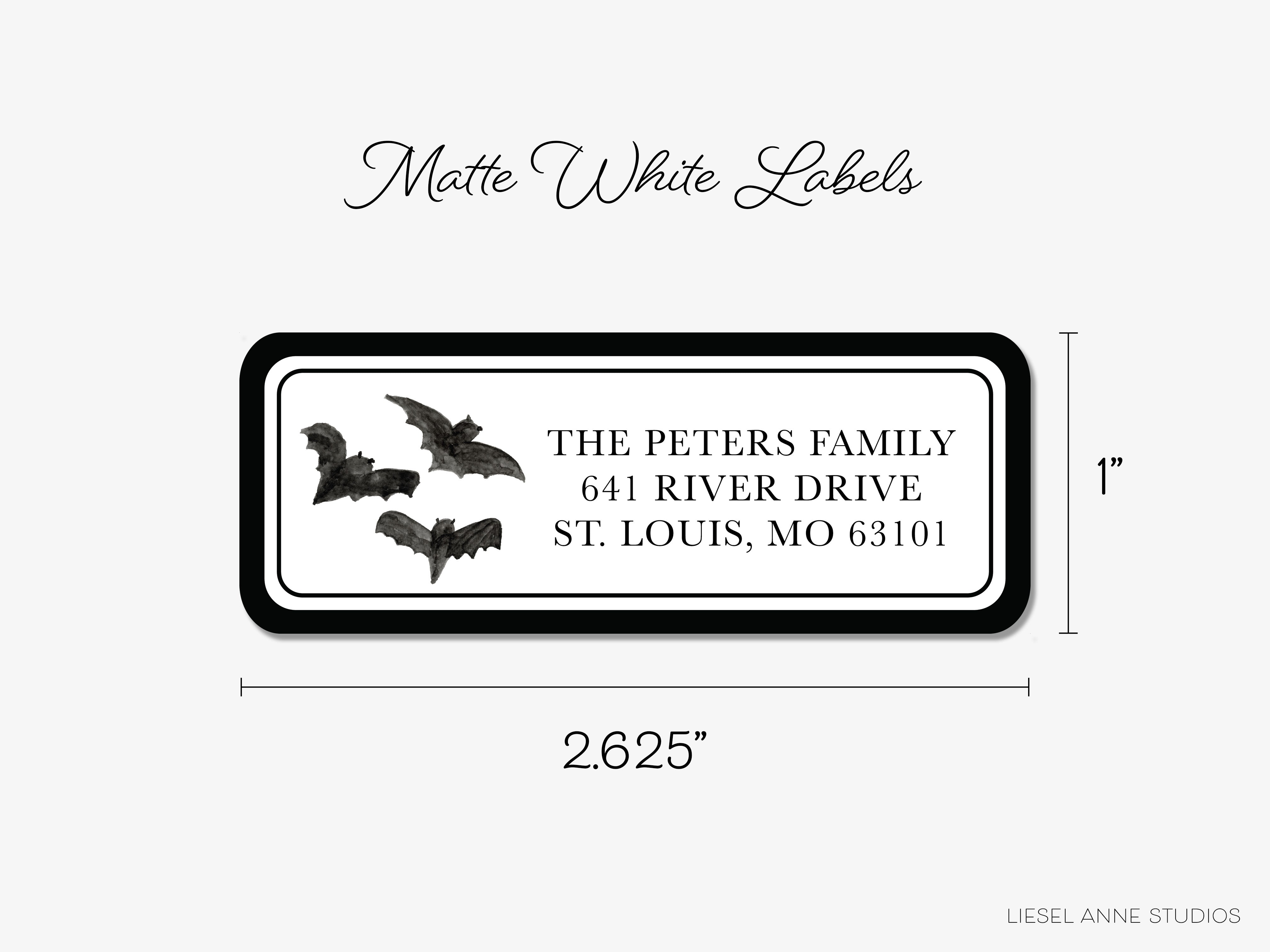 The image is a label for a house, with a bat illustration and the address of The Peters Family, St. Louis, MO 6301.