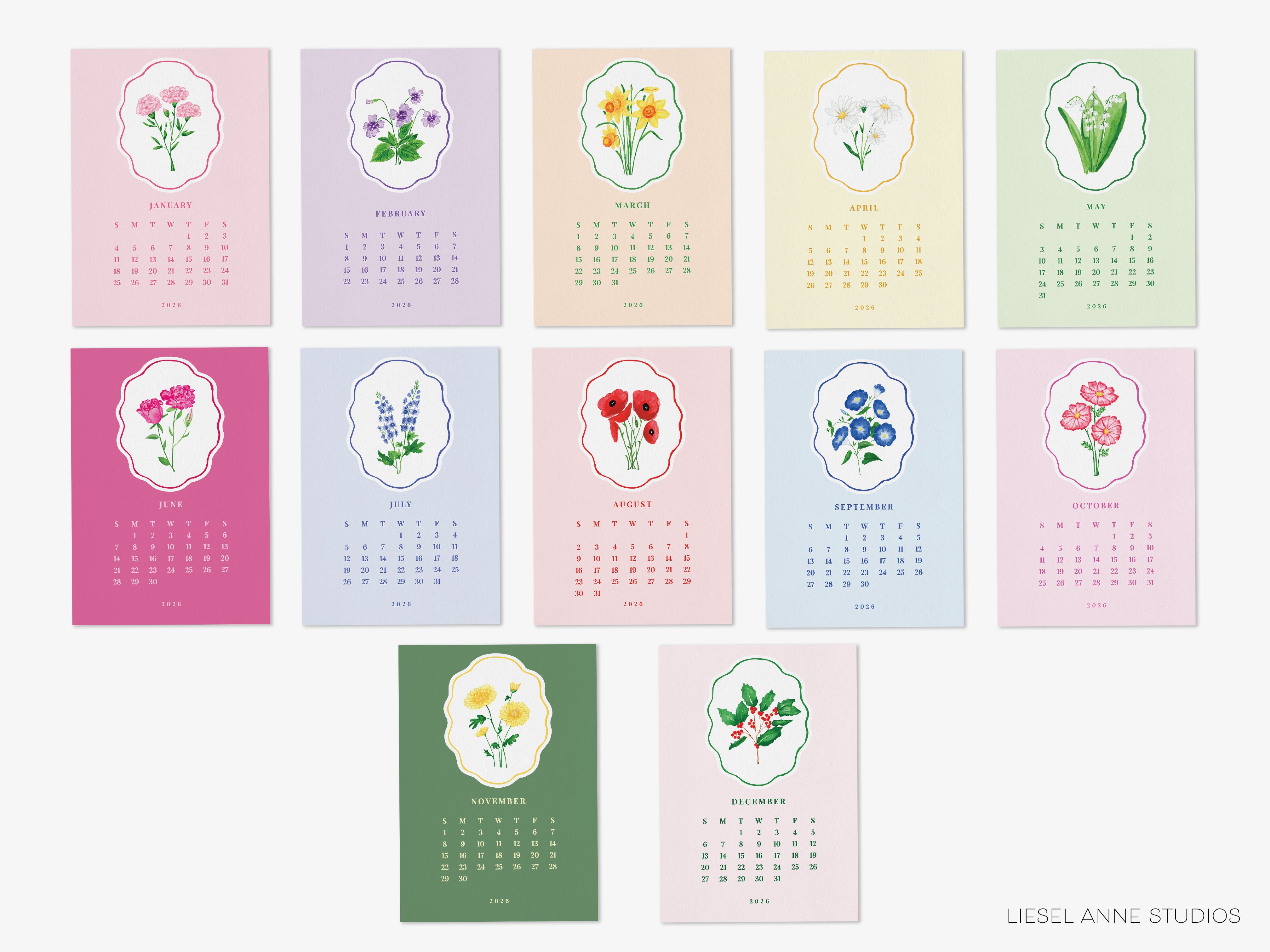 a collection of twelve colorful calendar cards, each featuring a different flower illustration and the corresponding month name.