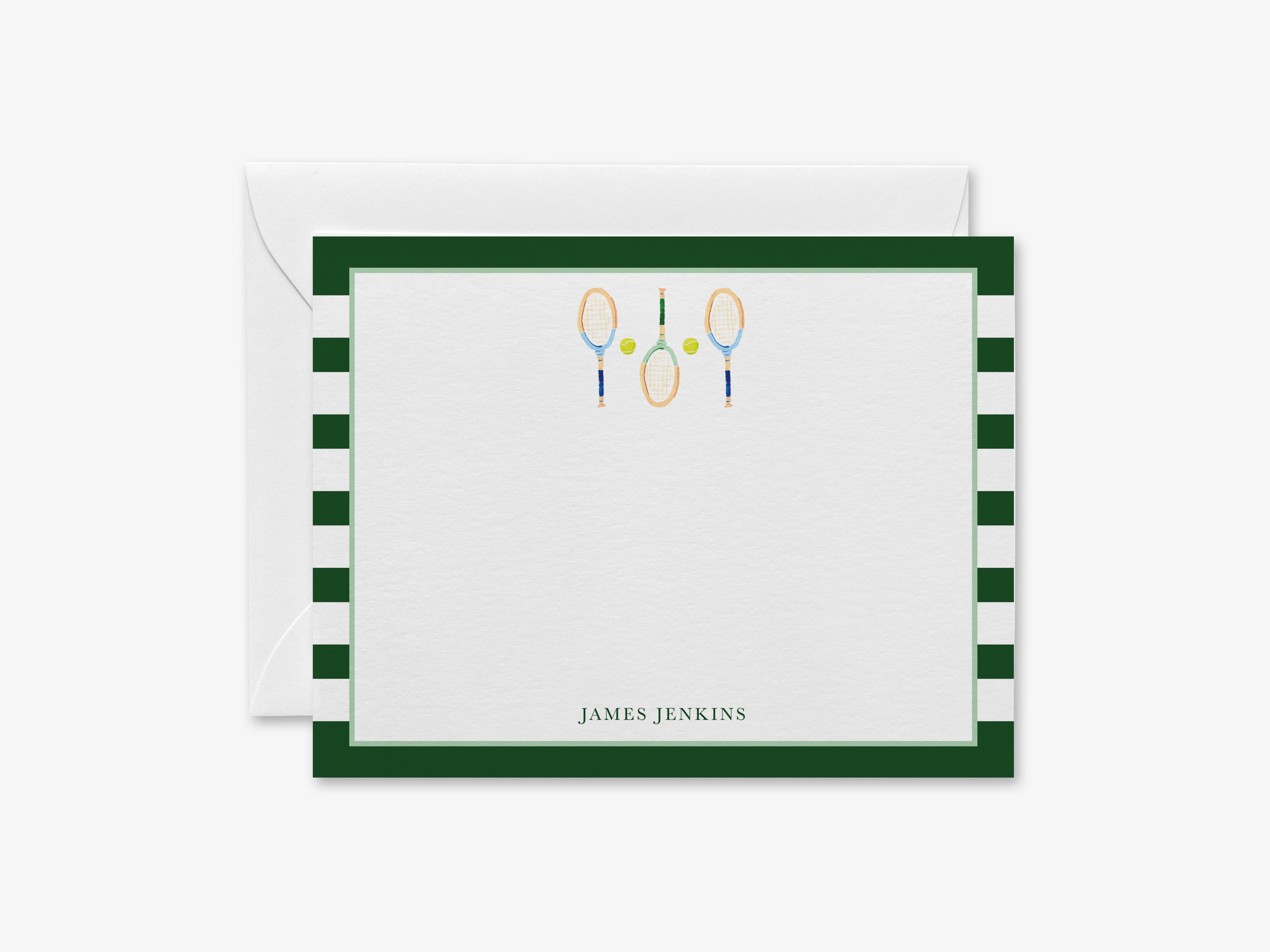 A personalized note card with a green border and white background, featuring tennis rackets and tennis balls.