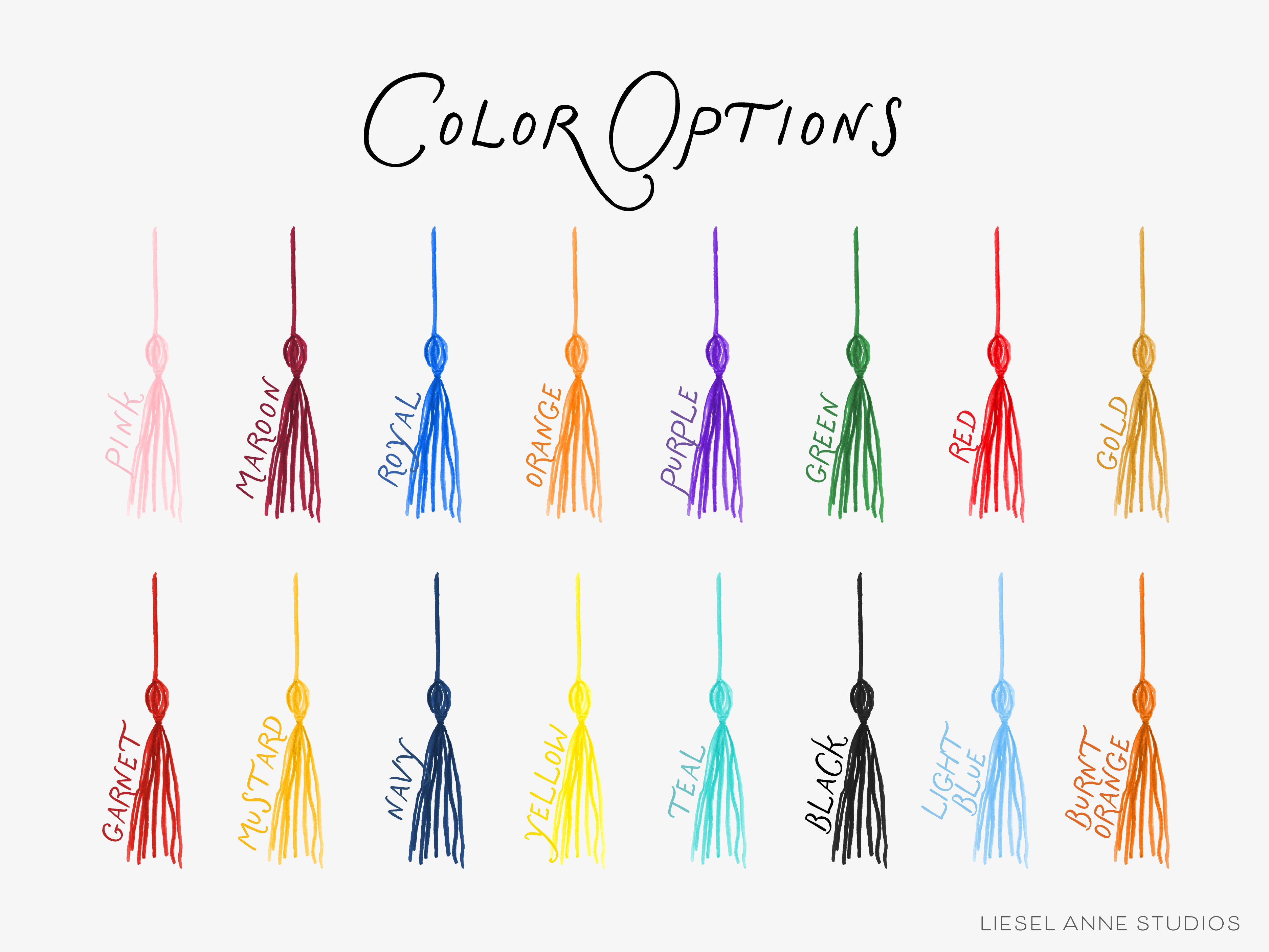 a collection of colorful tassels, each with a different color and tassel type, arranged in a grid format. The text "Color Options" is written above the tassels, indicating the variety of colors available.