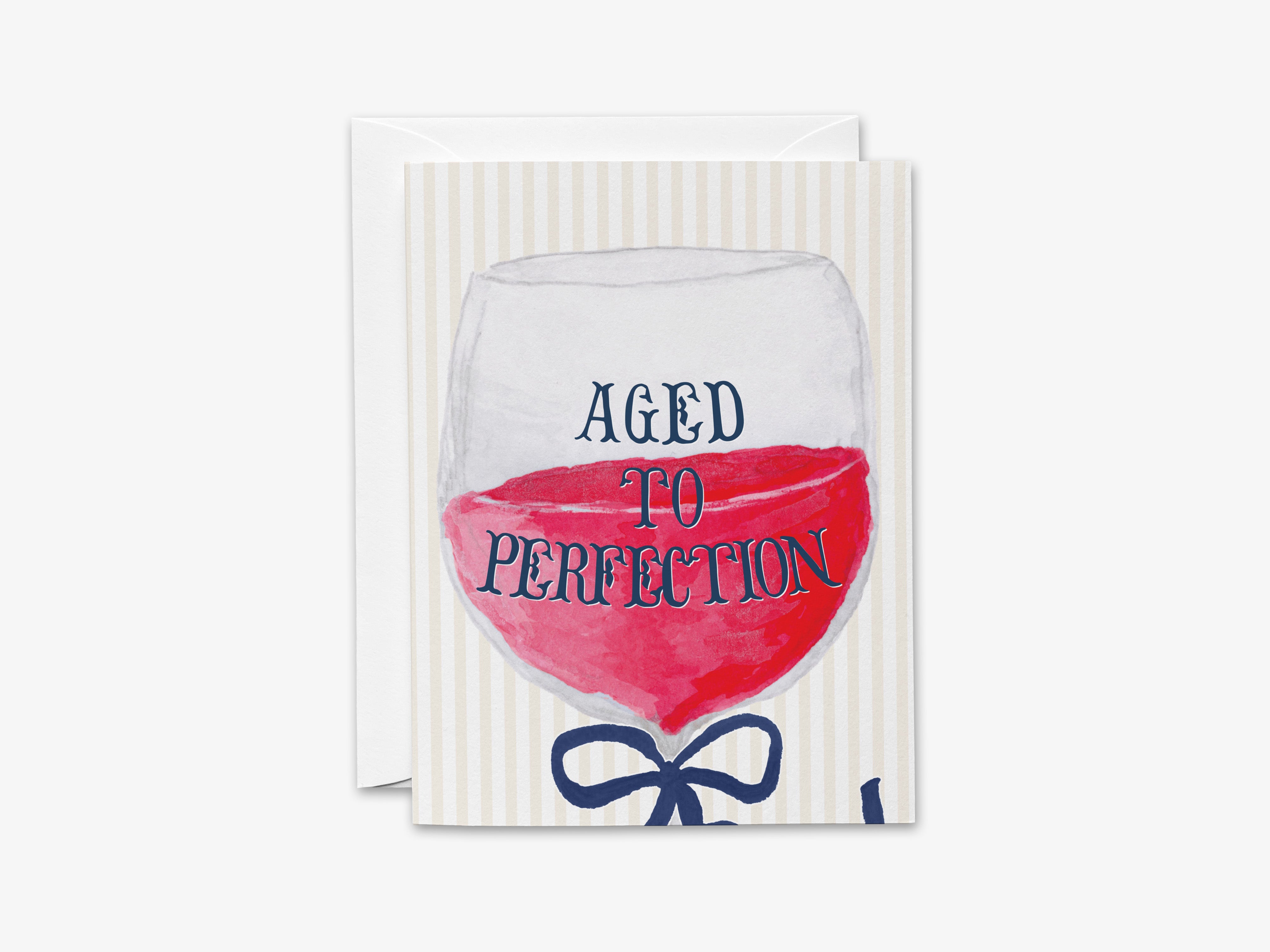The image is a greeting card with a wine glass illustration and the text "AGED TO PERFECTION" written on it.