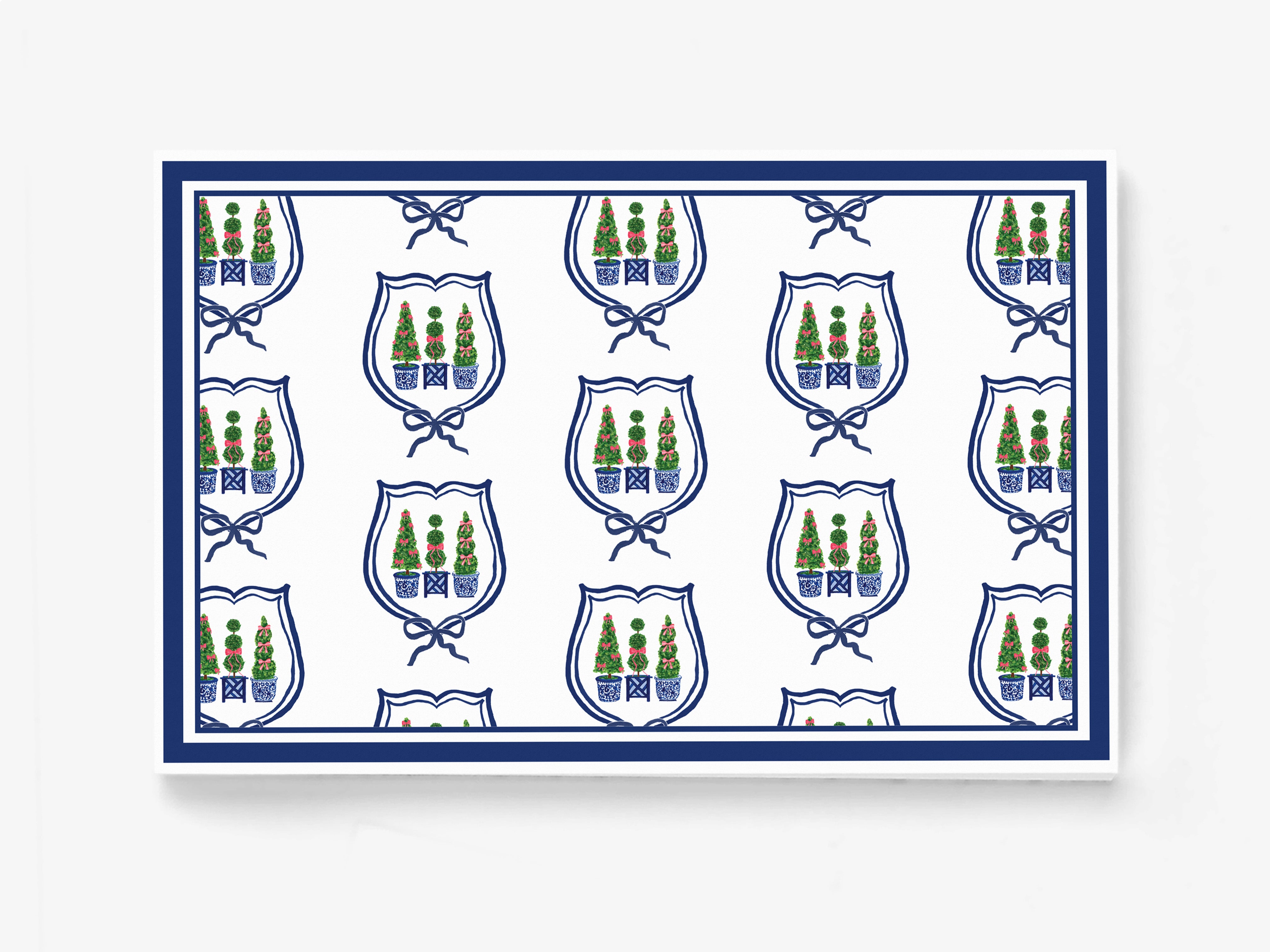 a repeating pattern of shield-shaped icons with trees and flowers, all outlined in blue and set against a white background.