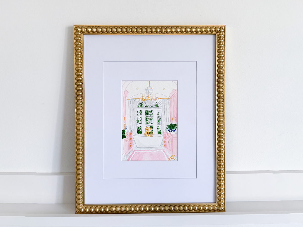 a framed painting of a bathroom interior with a chandelier, pink walls, and a bathtub.