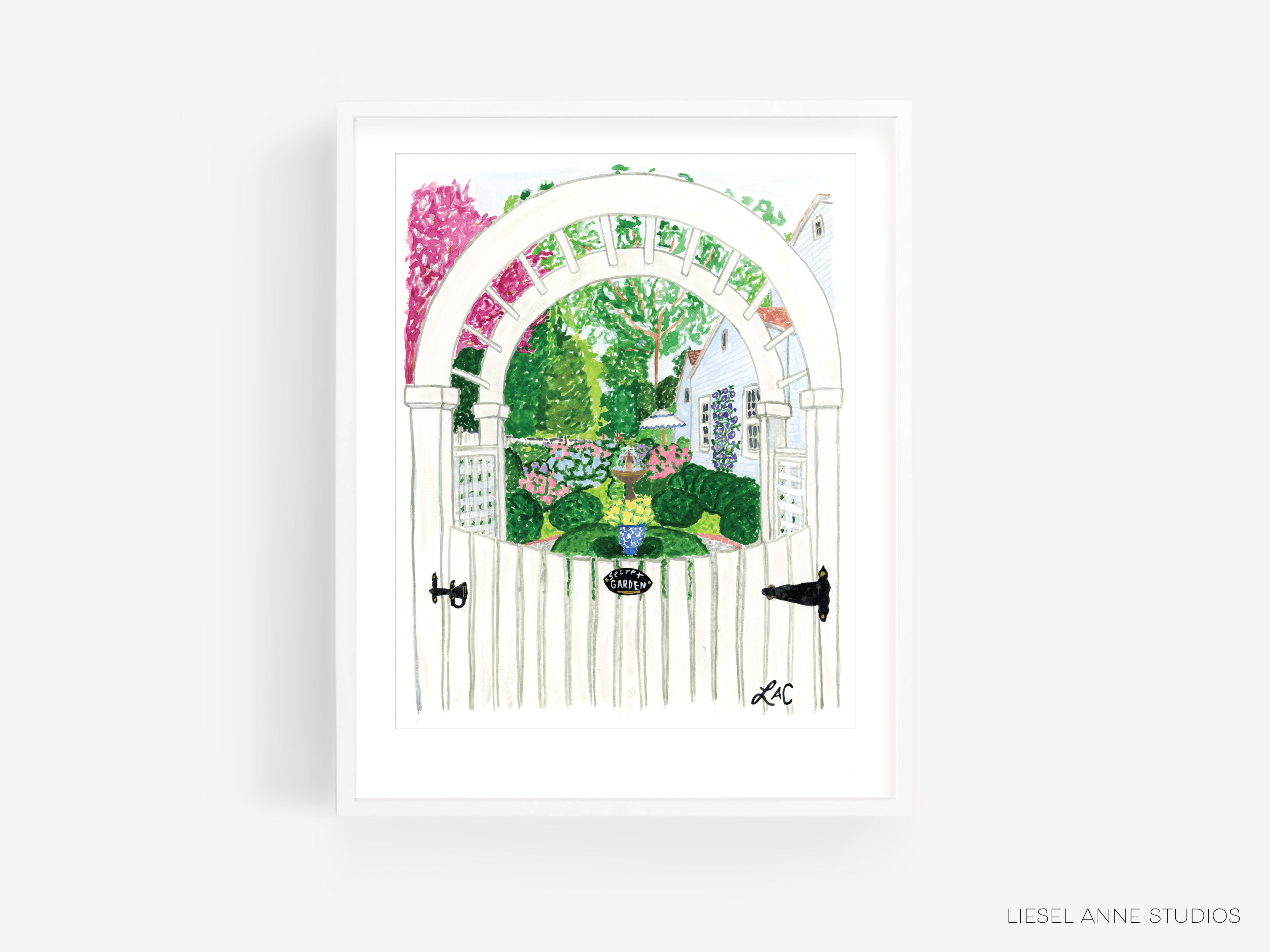 A framed illustration depicting a white archway leading to a lush garden filled with colorful flowers and greenery.