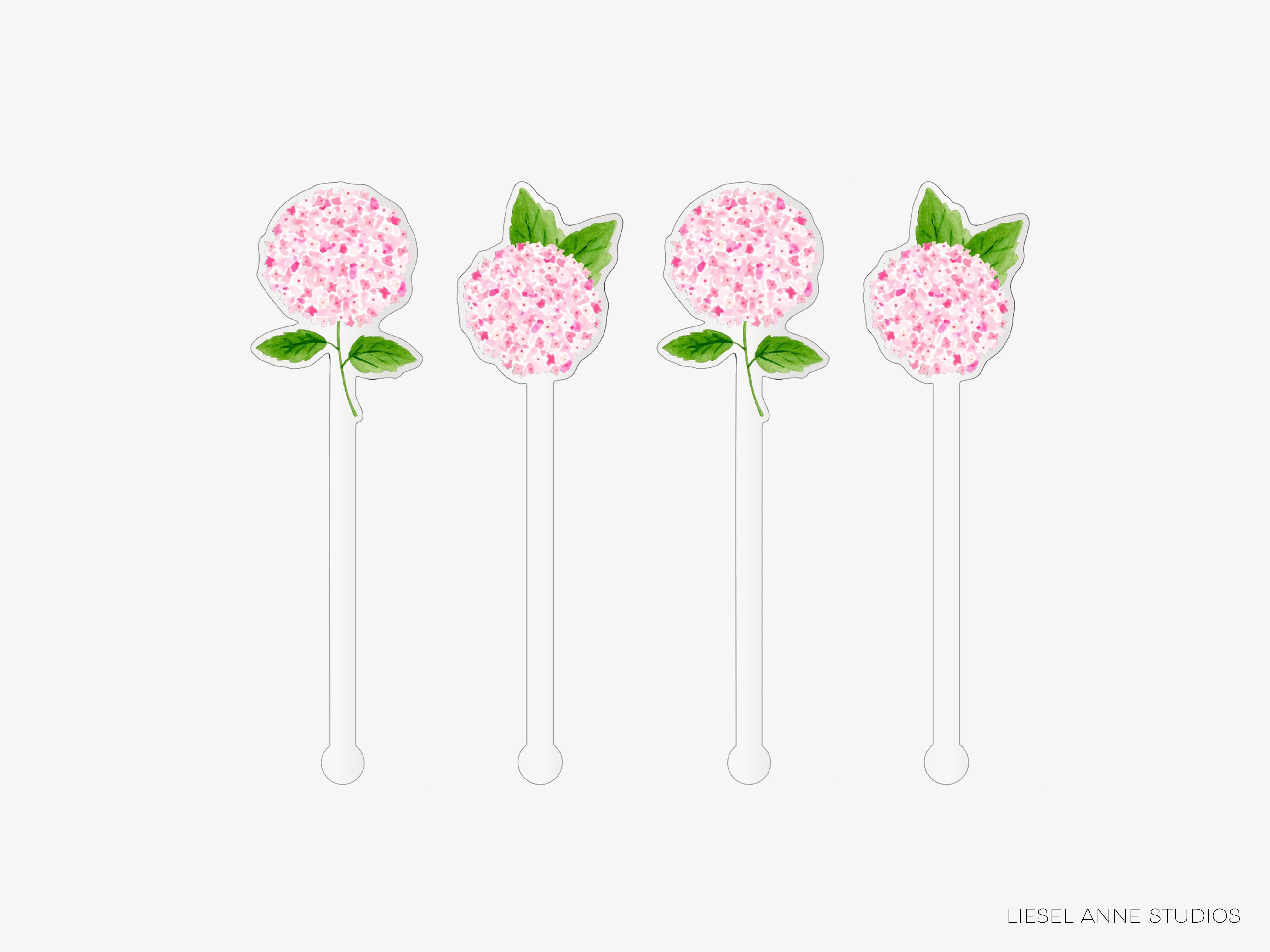 four pink flowers with green leaves, each on a white stick.