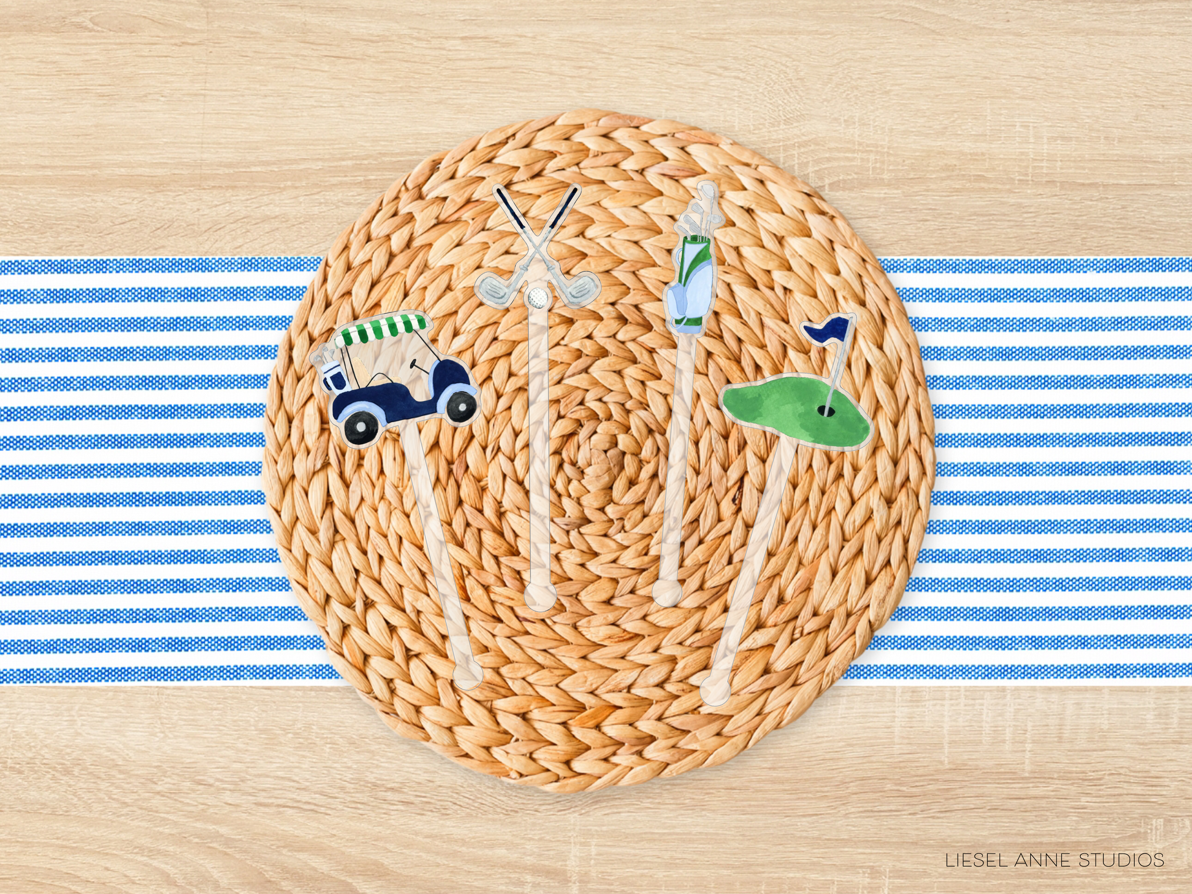 A woven placemat with golf-themed decorations, including a golf cart, clubs, and flags, arranged on a blue and white striped tablecloth.