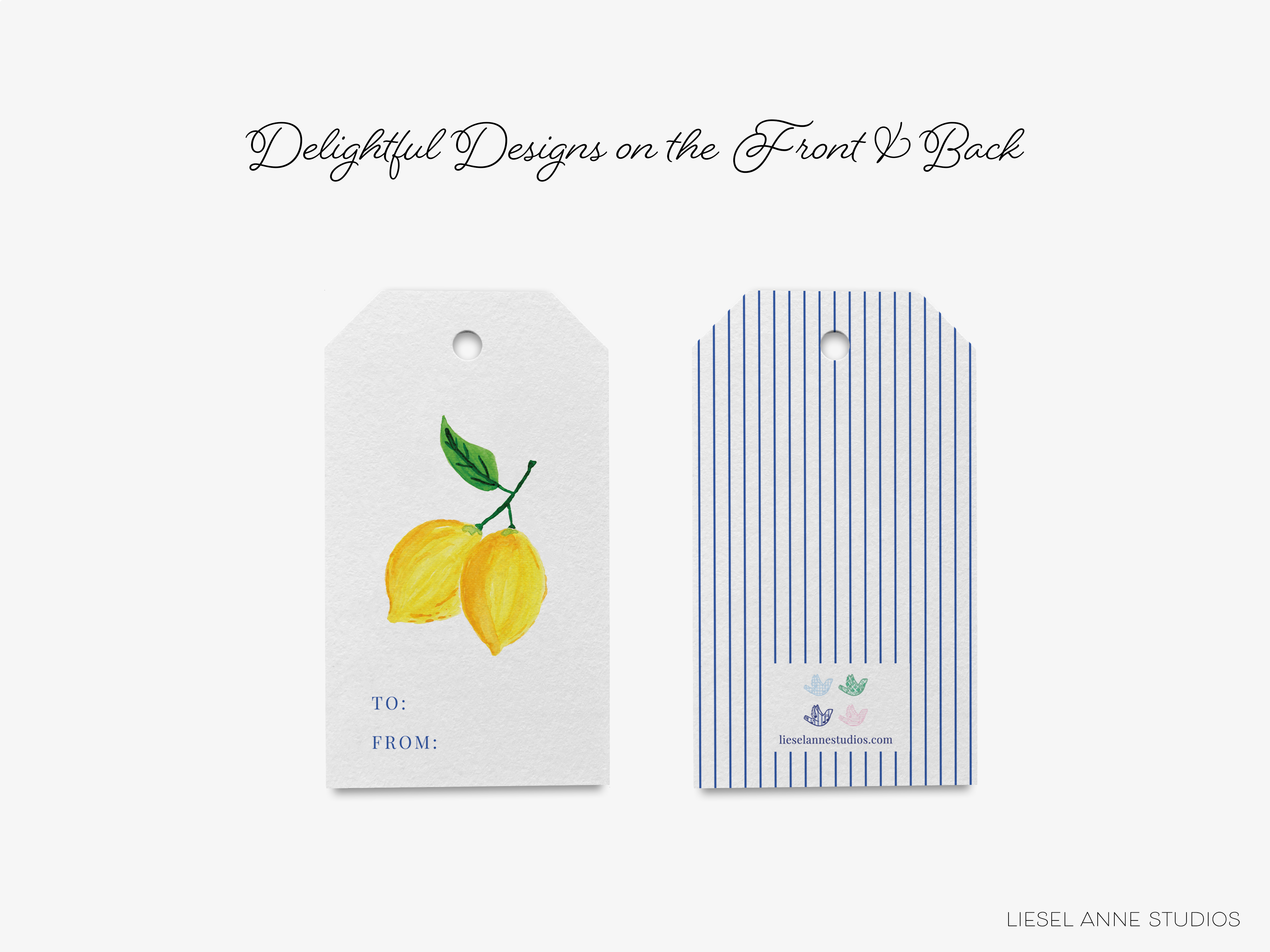 two white tags with illustrations of lemons, one with a striped pattern and the other with a simple design. The tags are labeled with a message and a website address.