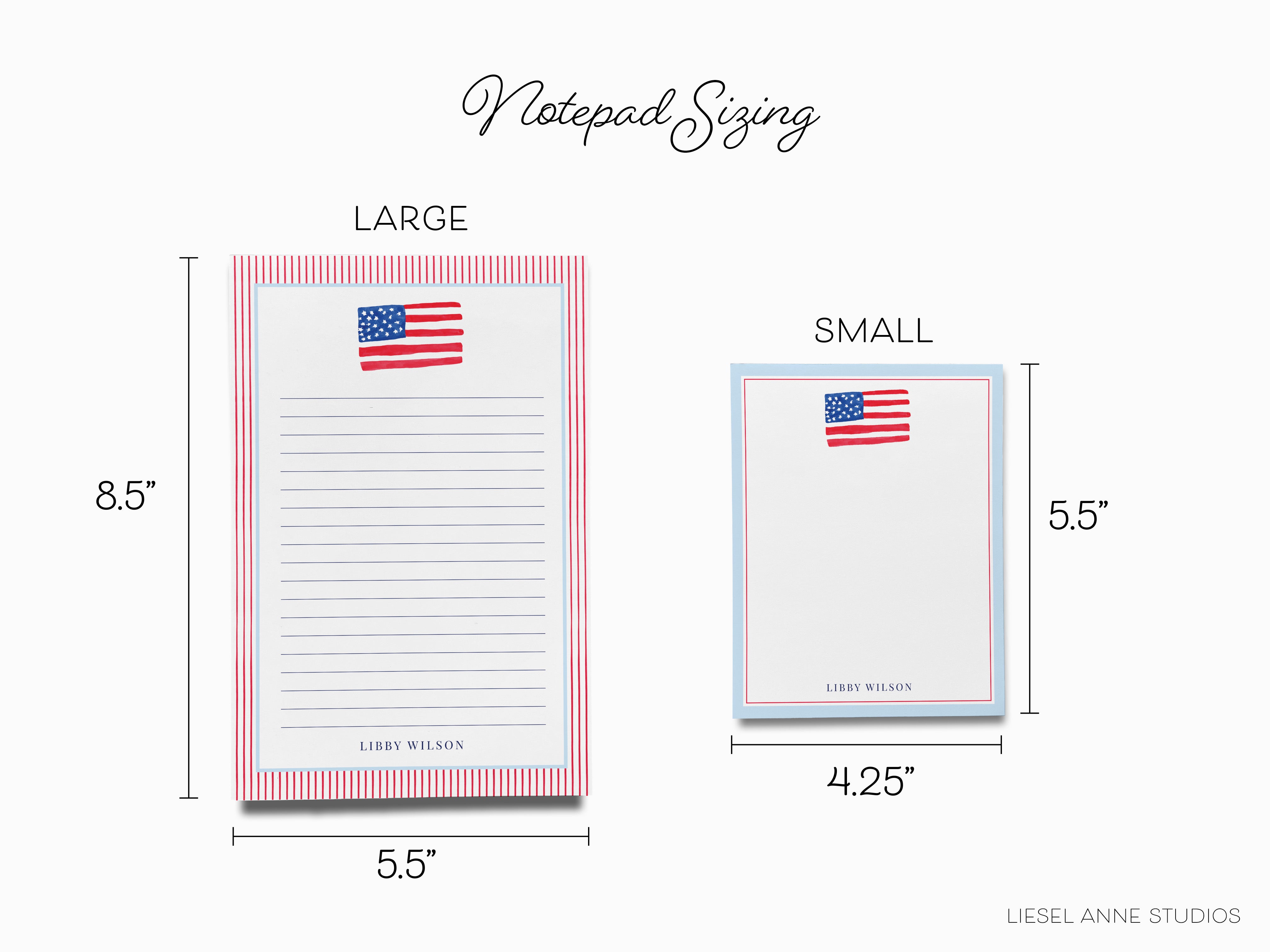 two different sizes of notepads, labeled as large and small, with the American flag design. The larger notepad is 8.5 inches wide and 5.5 inches tall, while the smaller one is 4.25 inches wide and 5.5 inches tall.