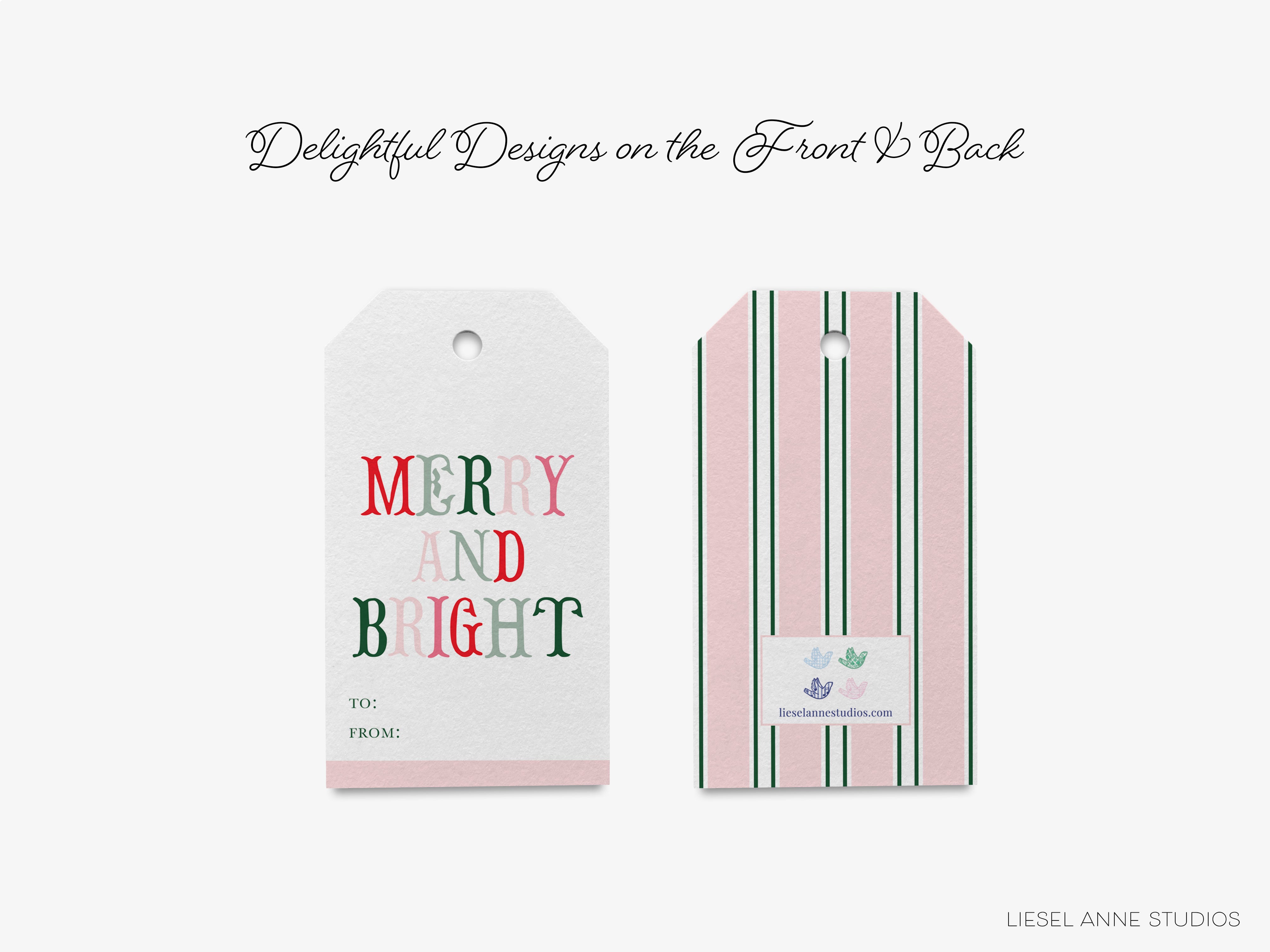 two tags with festive holiday-themed designs.