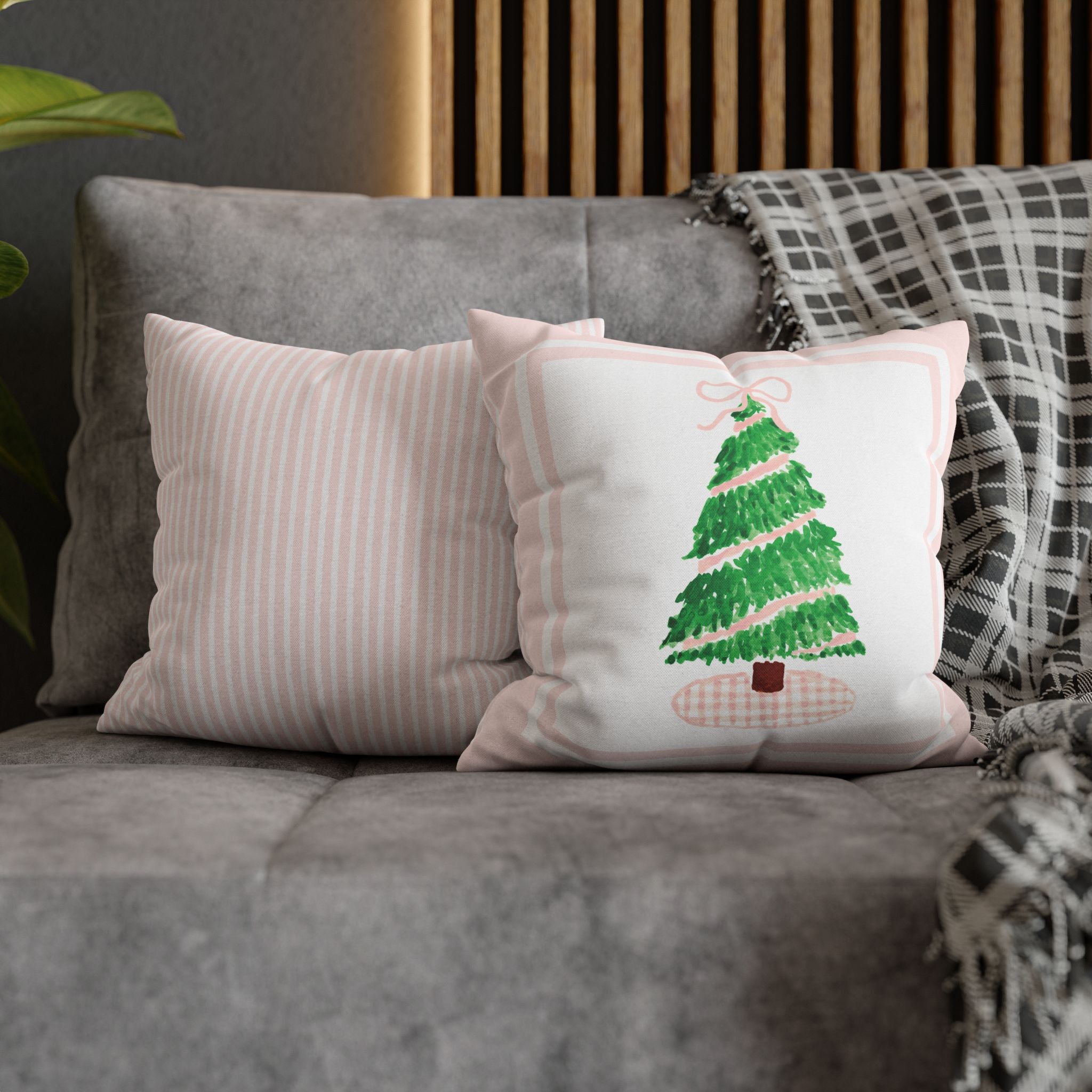 Pink Gingham Christmas Tree Pillow Cover