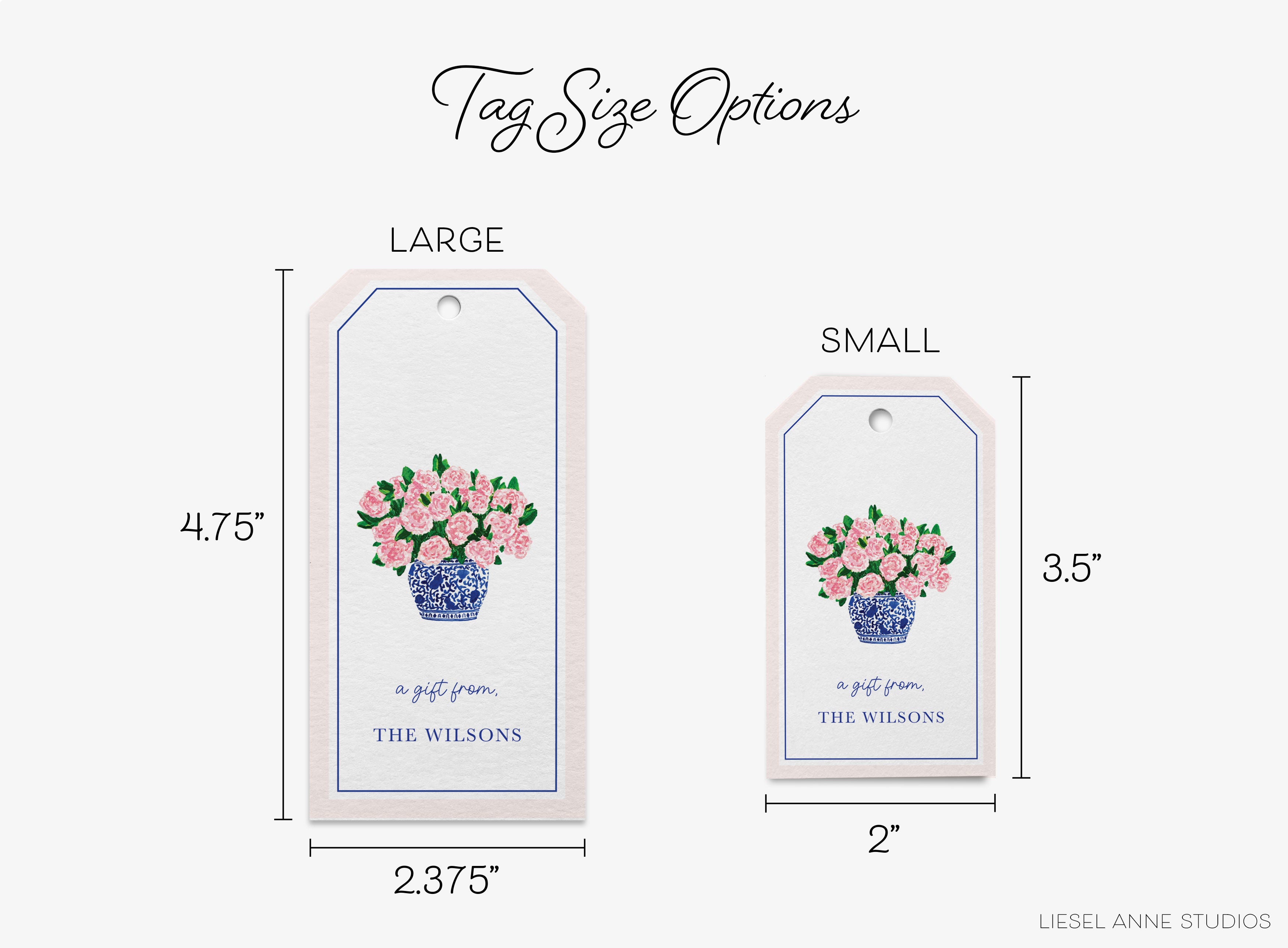 two tags with pink flowers in a blue vase