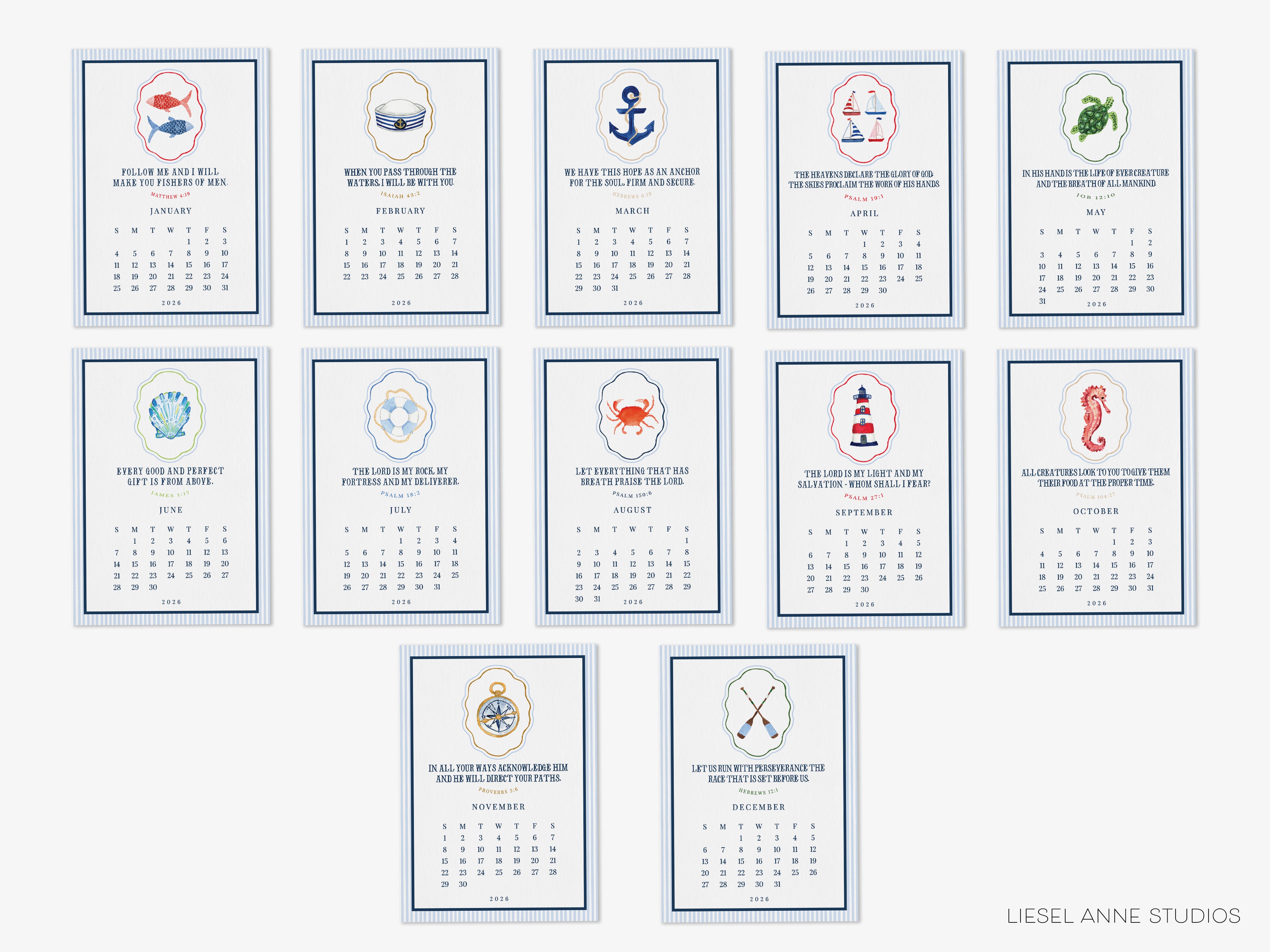 a collection of twelve calendar pages, each featuring a different nautical-themed design and text. The text on the pages is too small to read in detail, but they likely provide information about the months and possibly holidays or events related to nautical themes. The layout and design of the pages suggest that they are intended for use as a calendar or a decorative item.