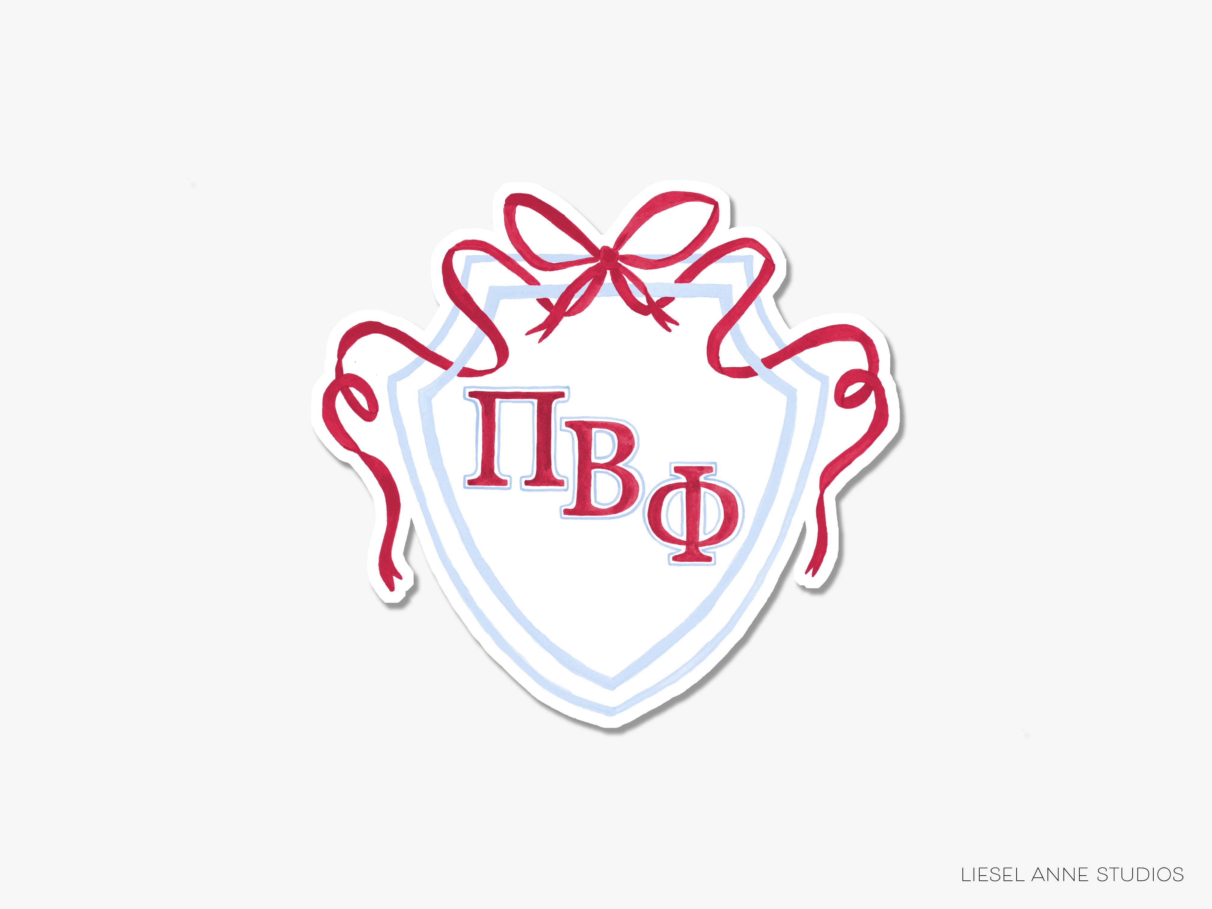 a red and white sticker with a bow on it