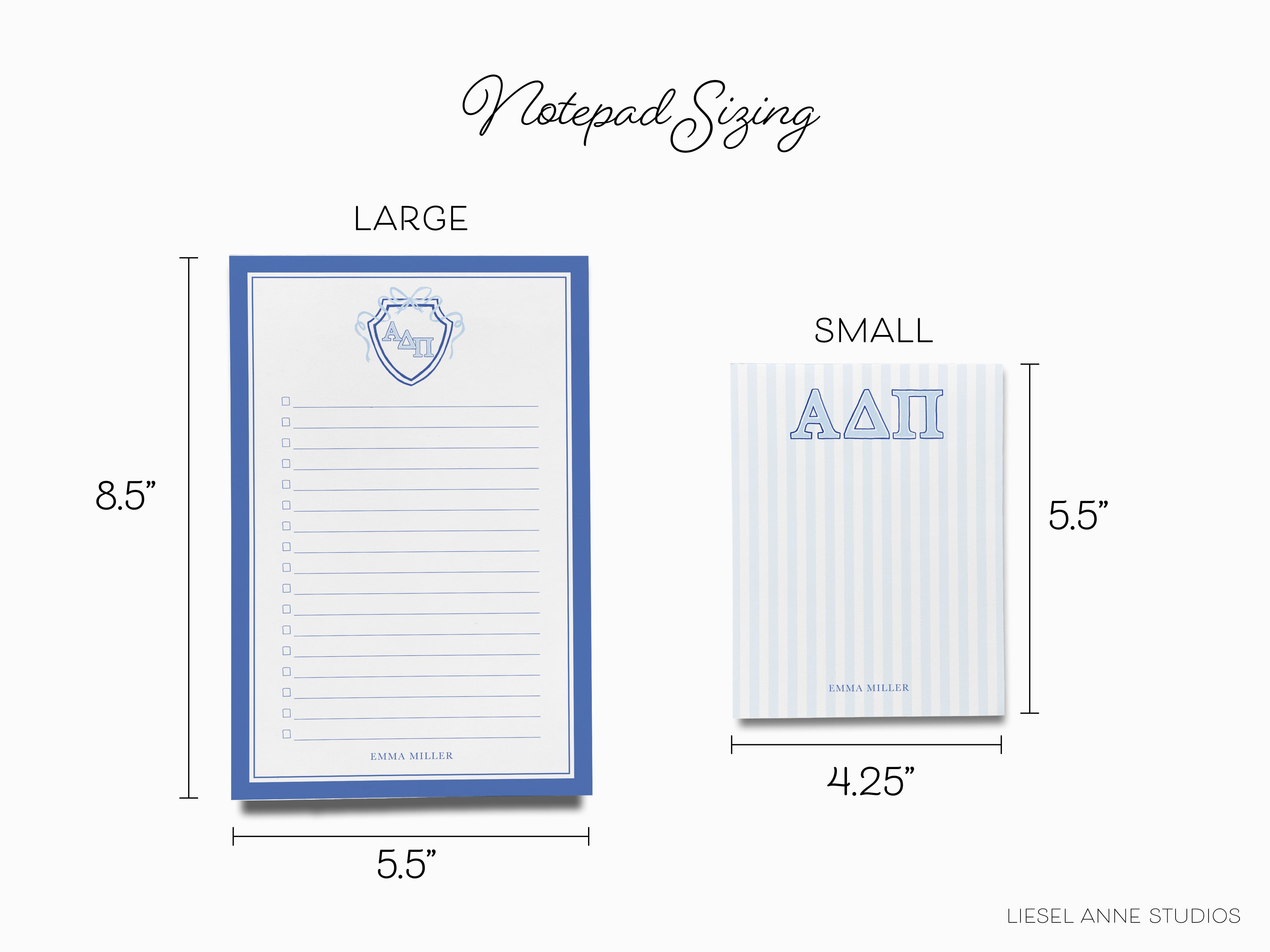 a blue and white notepad with a badge on it